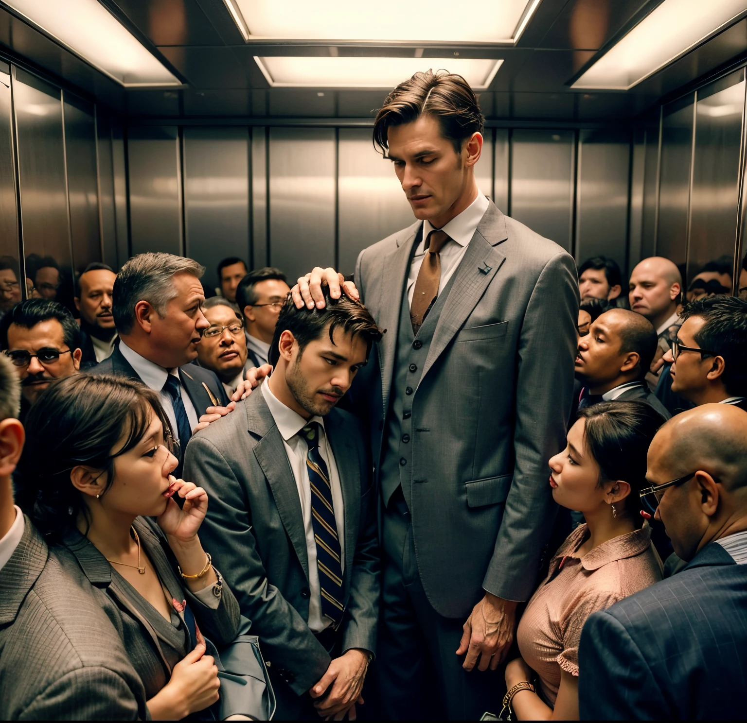 Very tall man with suit, a short man with suit, a crowded elevator