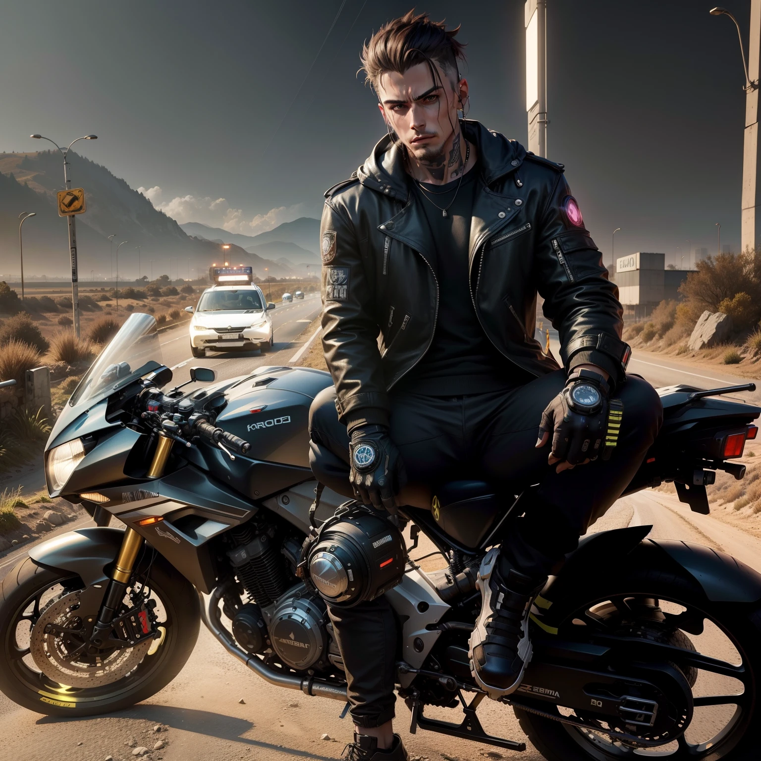 Cambiar fondo cara realista cyberpunk en la carretera hombre guapo en el paisaje de la carretera