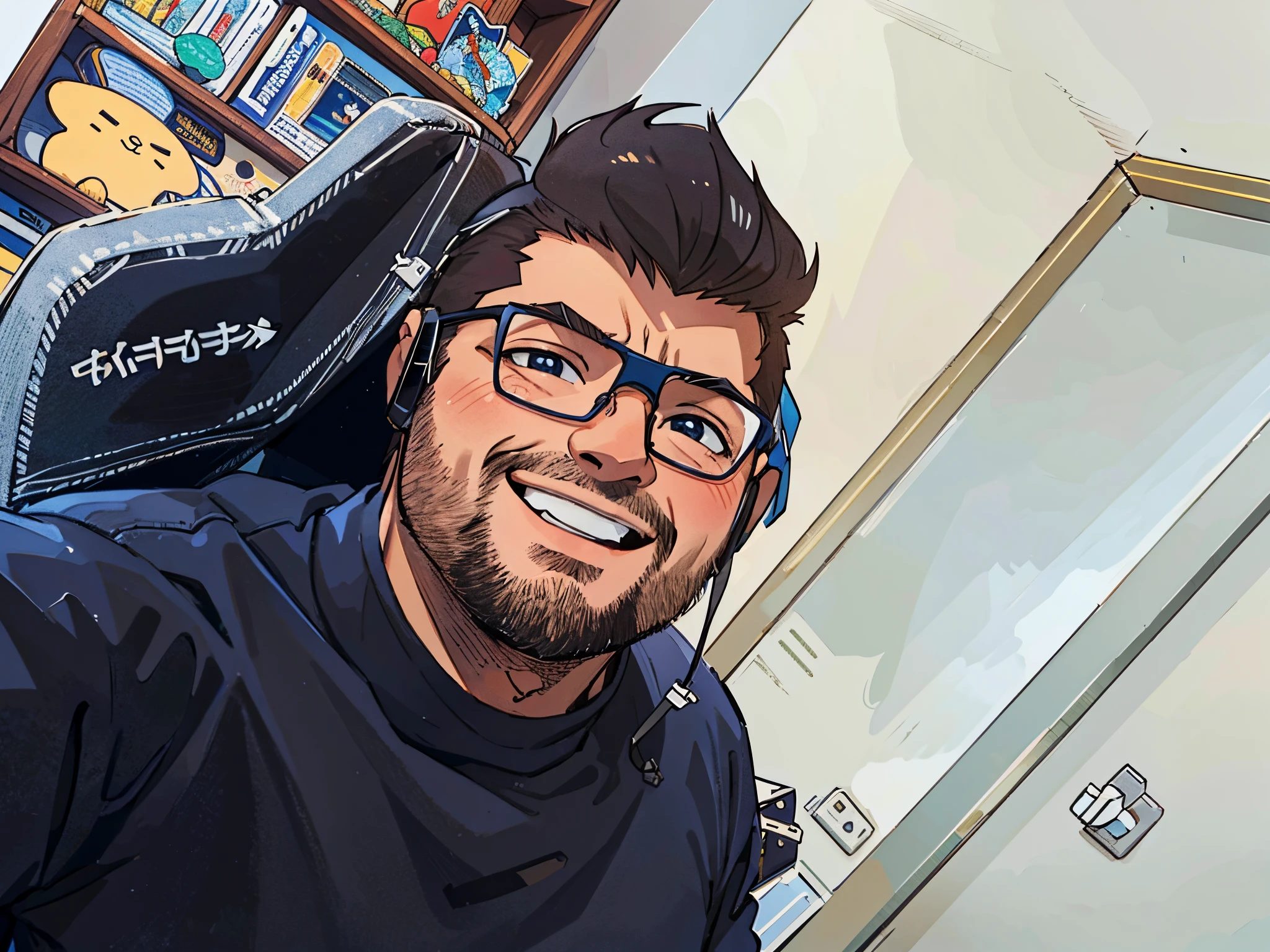 (melhor qualidade: 0.8), (melhor qualidade: 0.8), Perfect anime illustration, retrato de closeup de um garoto bonito que fica no quarto, claro, cabelo castanho, 25 anos, colorido, roupas casuais, sorrindo, olha para longe, alto contraste, high saturated, fundo de paisagem da cidade noite aconchegante