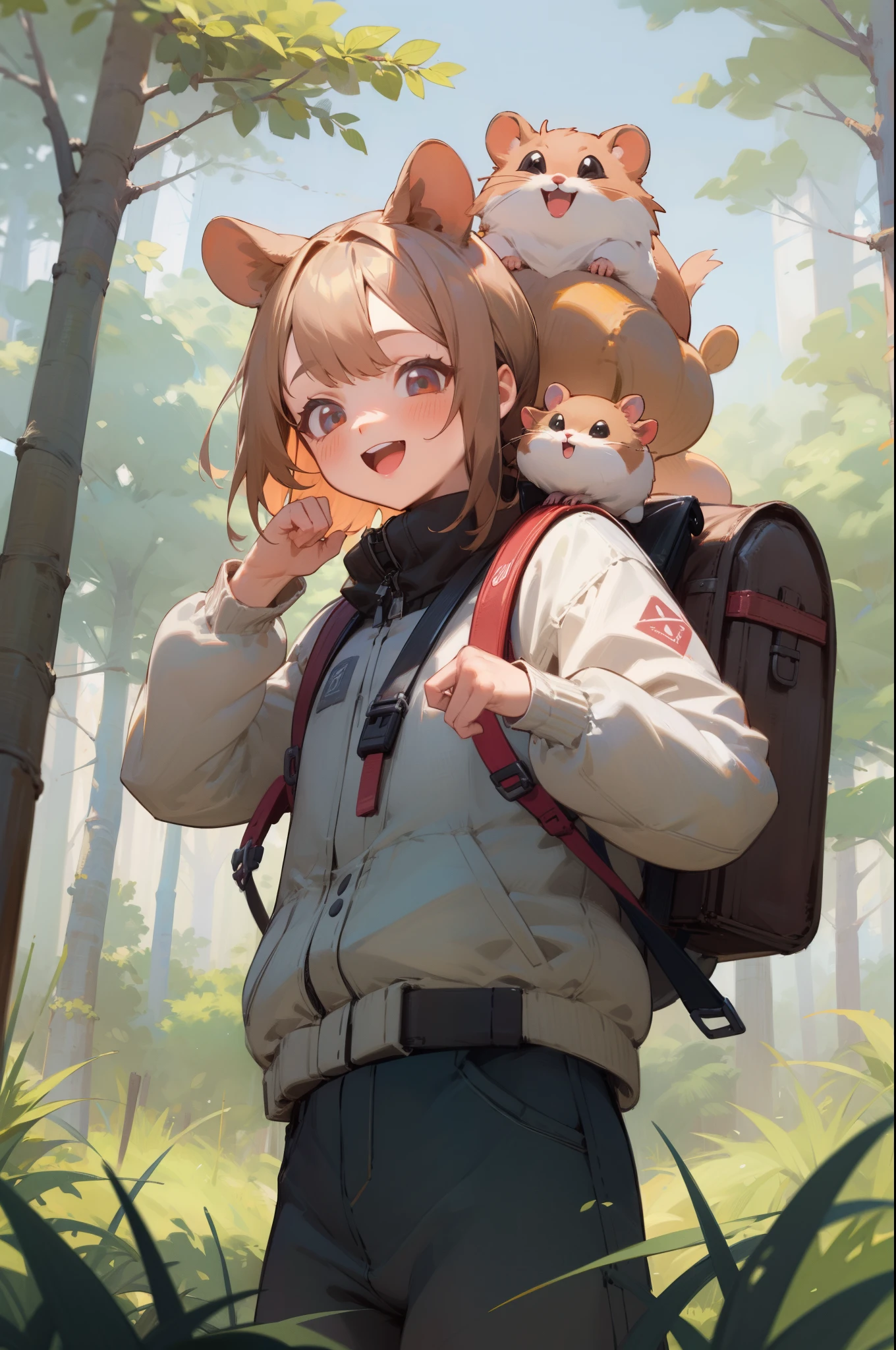 Hamster Adventurer, Hamster, (outdoor, forest), 1girl, backpack, adventure, (happy:1.2), masterpiece, best quality, 8k, perfect anatomy