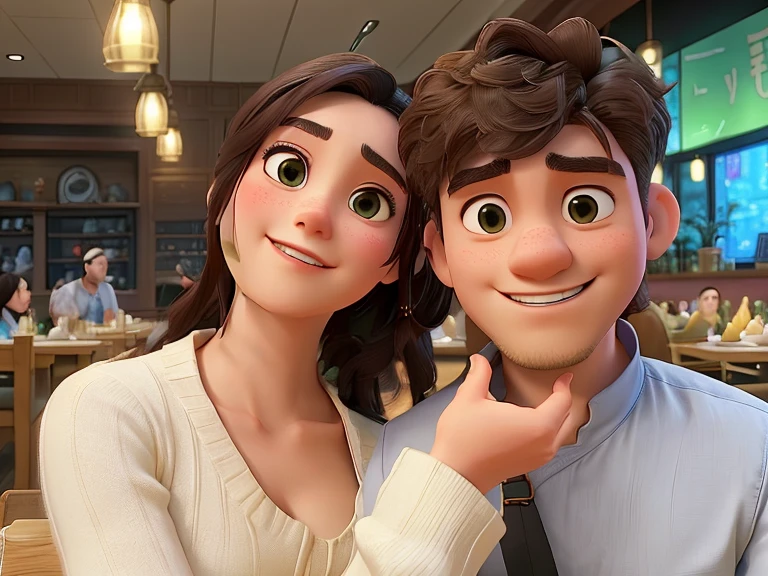 there is a man and woman posing for a picture in a restaurant, lovely couple, ruan jia and brom, 8k selfie photograph, tyler edlin and natasha tan, in love selfie, jordan grimmer and natasha tan, couple pose, with wart, ruan cute vtuber, ๐คฌ ๐คฎ ๐ ๐, ๐ญ ๐คฎ ๐ ๐