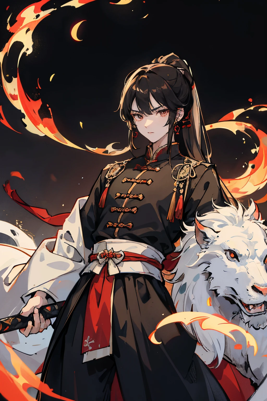 HighDynamicRange, high qulity, tmasterpiece, Excellent, In the daytime, 1 persons, Chinese, Ancient China, brunette color hair, 黑The eye, Split ends of hair, long whitr hair, with long bangs, high ponytails, Handsome, Serious, Mild, The tall, Quiet, Blackn clothes, The clothes have a dragon-printed prince entrenched on them., The sword, looking-down, Behind him is a white Chinese dragon