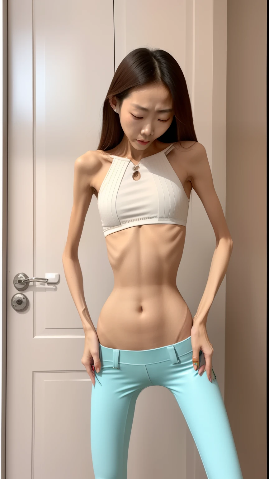 very thin woman,The body is very thin,Protruding sternum,The waist is very thin,The ribs are noticeable,Protruding ribs,The pelvic protrusion is very obvious,Pelvic width,Legs are just skin and bones,thin shoulde,The waist is very thin,Sunken abdomen,Delicate arms,arm muscle atrophy,hunger,The lower abdomen is depressed,Asia face,The waist is particularly thin,grieves,weeping,Excessive weight loss,The face is sunken and thin,Severe malnutrition,hunger,thin shoulde,Wear tight leather pants,wearing bodysuit