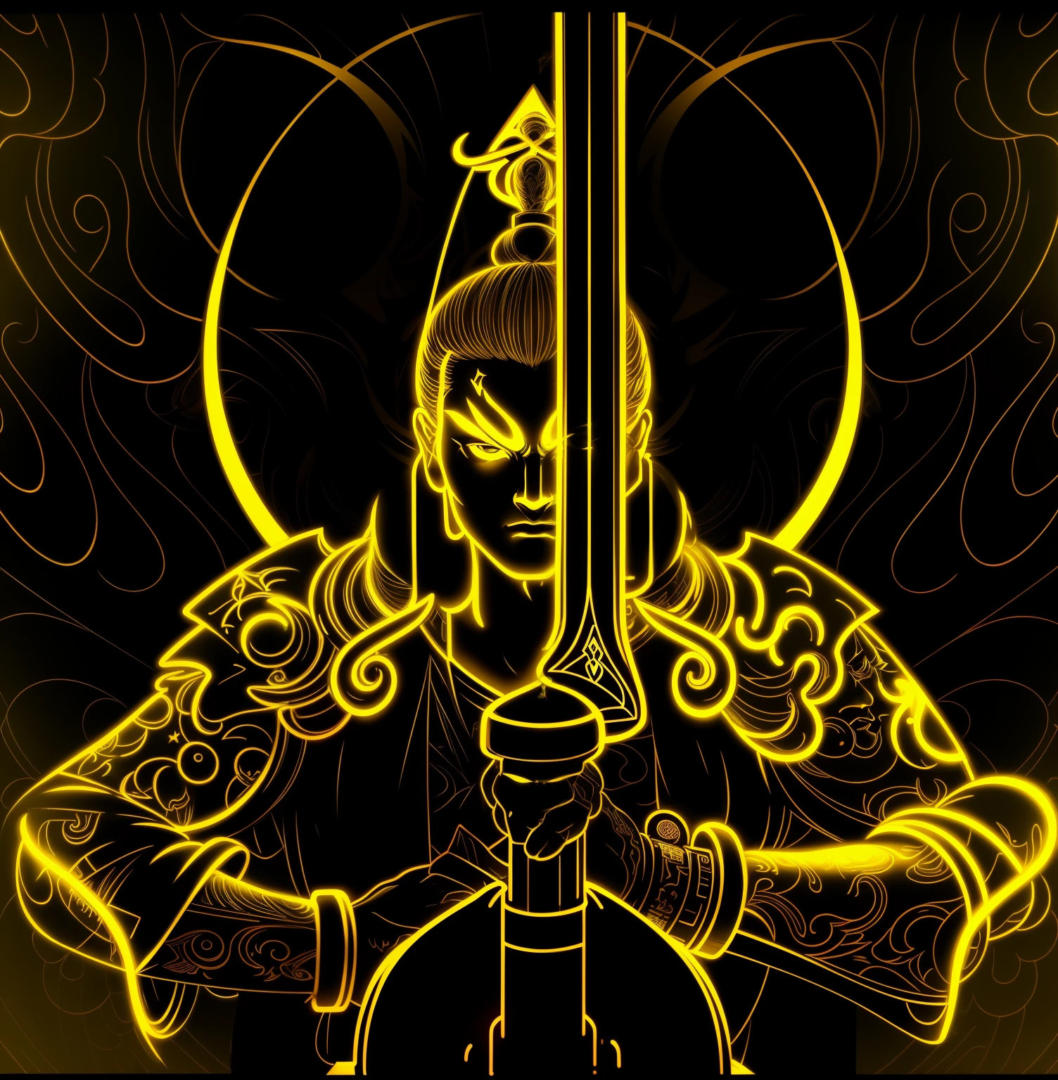 Close-up of a man holding a sword in front of a yellow light, yellow aura, Neon Samurai, Dan Mumford and Alex Gray style, inspired by Kilian Eng, Inspired by Luo Mu, kilian eng bright colors, asura from chinese myth, Complex and gorgeous anime CGI style, Highly detailed Zen neon lights, girl