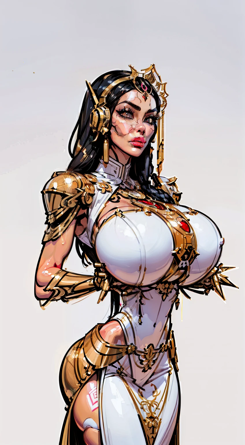 ((hovering intricate metal pieces around woman)), ((masterpiece)),(((best quality))),((character design sheet)), ((full body view)) ((cyberpunk empress)) mature face, ((middle eastern eyes:1.4)), ((gold cybernetic gown)), (((intricate futuristic breastplate))), defined cheekbones, high cheekbones, illustration, muscular, ((cyber gold:1.4)), sexy bimbo, (gigantic breasts:1.7) black hair, ((detailed face:1.4)) beautiful woman, (Chinese:1.4) (white skin:1.4) , (red lipstick:1.4), shiny skin, scribbles and marks,(puffy lips:1.4) , rough sketches, pose, 8k,16k, (simple background, white background: 1.3) ((warm color palette)), ((cyberpunk aesthetic))