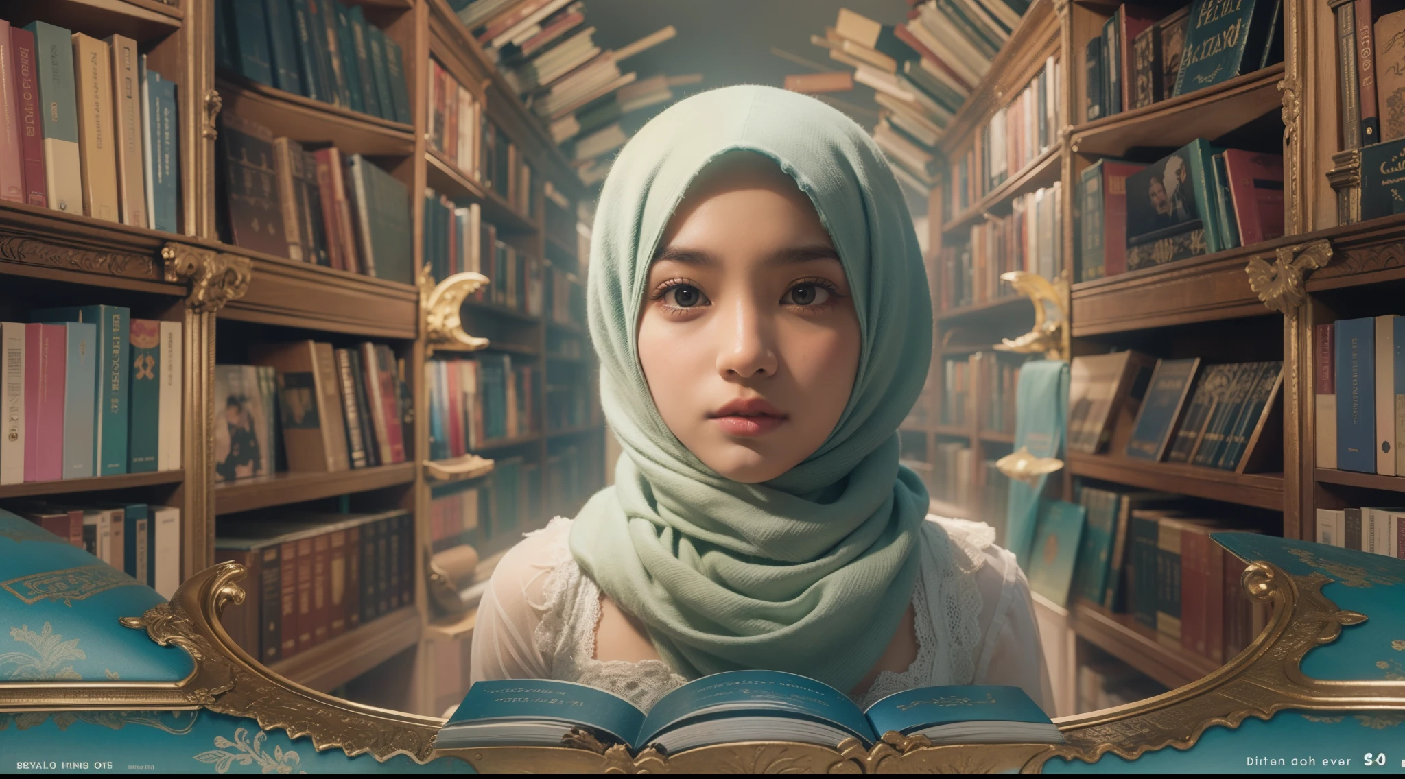 Craft an image where a Malay girl in hijab discovers a secret portal hidden within an ancient bookshelf. As she steps through, the scene transforms into a surreal library suspended in space, with books floating around her, each containing a unique world waiting to be explored, 35mm lens, Extreme close-up, pastel color grading, depth of field cinematography effect, film noir genre, 8k resolution, high quality, ultra detail