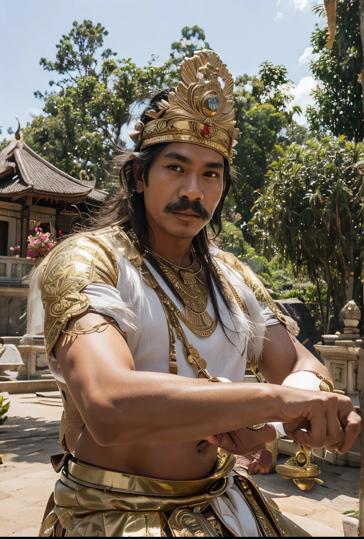 a dashing, dignified Indonesian man, indonesian face,with long, slightly curly hair, a thin mustache, wearing a helmet crown, gold jewelry, namaste, in the background of a wilderness palace ,realistic,best quality,ultra detailed,ultra HD,70 mm lens