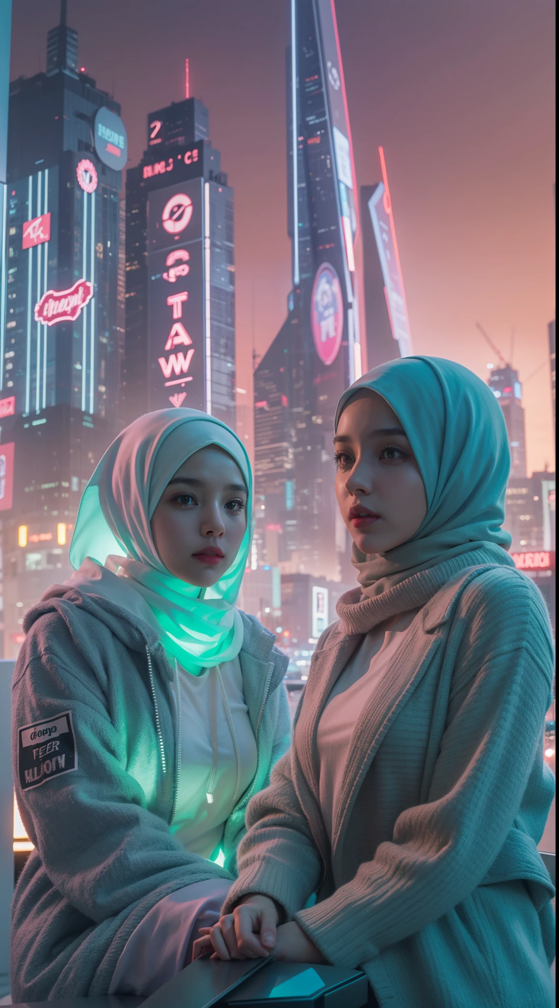 Craft a scene of two best friends exploring a futuristic cityscape together, their hijabs glowing with embedded tech, surrounded by holographic signs and flying vehicles, 35mm lens, Extreme close-up, pastel color grading, depth of field cinematography effect, film noir genre, 8k resolution, high quality, ultra detail
