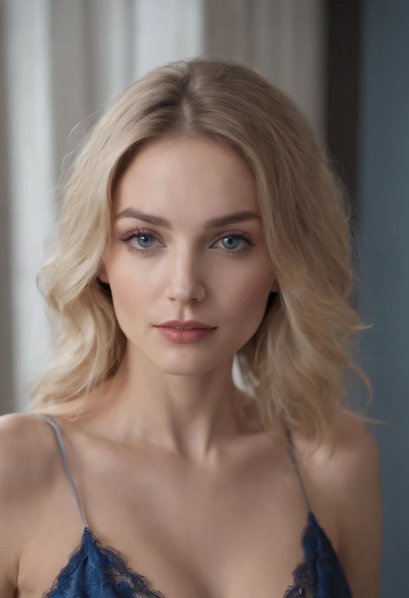 une jolie girl aux cheveux blondes ondulés et aux bords aux yeux bleu foncé ,highly detailed, Porter de la lingerie dans la salle de bain