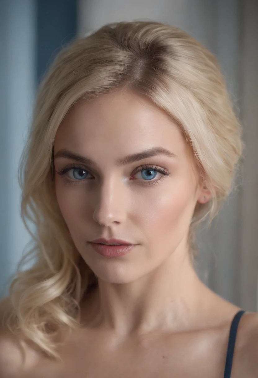une jolie girl aux cheveux blondes ondulés et aux bords aux yeux bleu foncé ,highly detailed, Porter de la lingerie dans la salle de bain