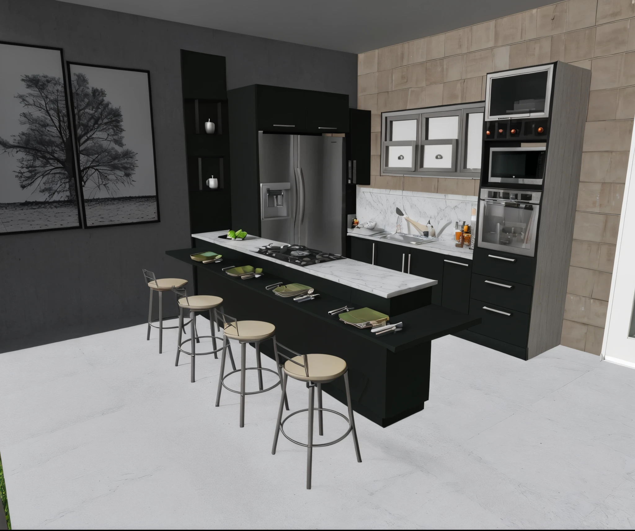 vista arafada de uma cozinha com ilha central e banco de bar, 3D-rendering, 3D rendering, cozinha, 3 d renders, cozinha escura, 3D rendering!, 3D-rendering!, Stuning 3 D render, 3D-rendering, 3D-rendering, 3Dized Rendering, 3Dized Rendering, 3 drender, with 3d render. ultra realistic rendering