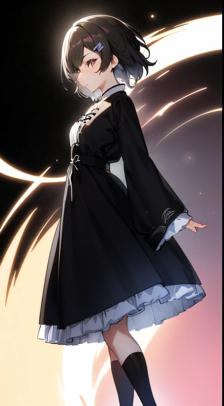 Anime girl with black hair and black dress looking at the camera, artwork in the style of guweiz, guweiz, in anime style, anime girl in black dress, made with anime painter studio, in anime style, palace ， girl in Hanfu, Anime Girl Profile, high quality fanart, anime style character, anime visual of a cute girl