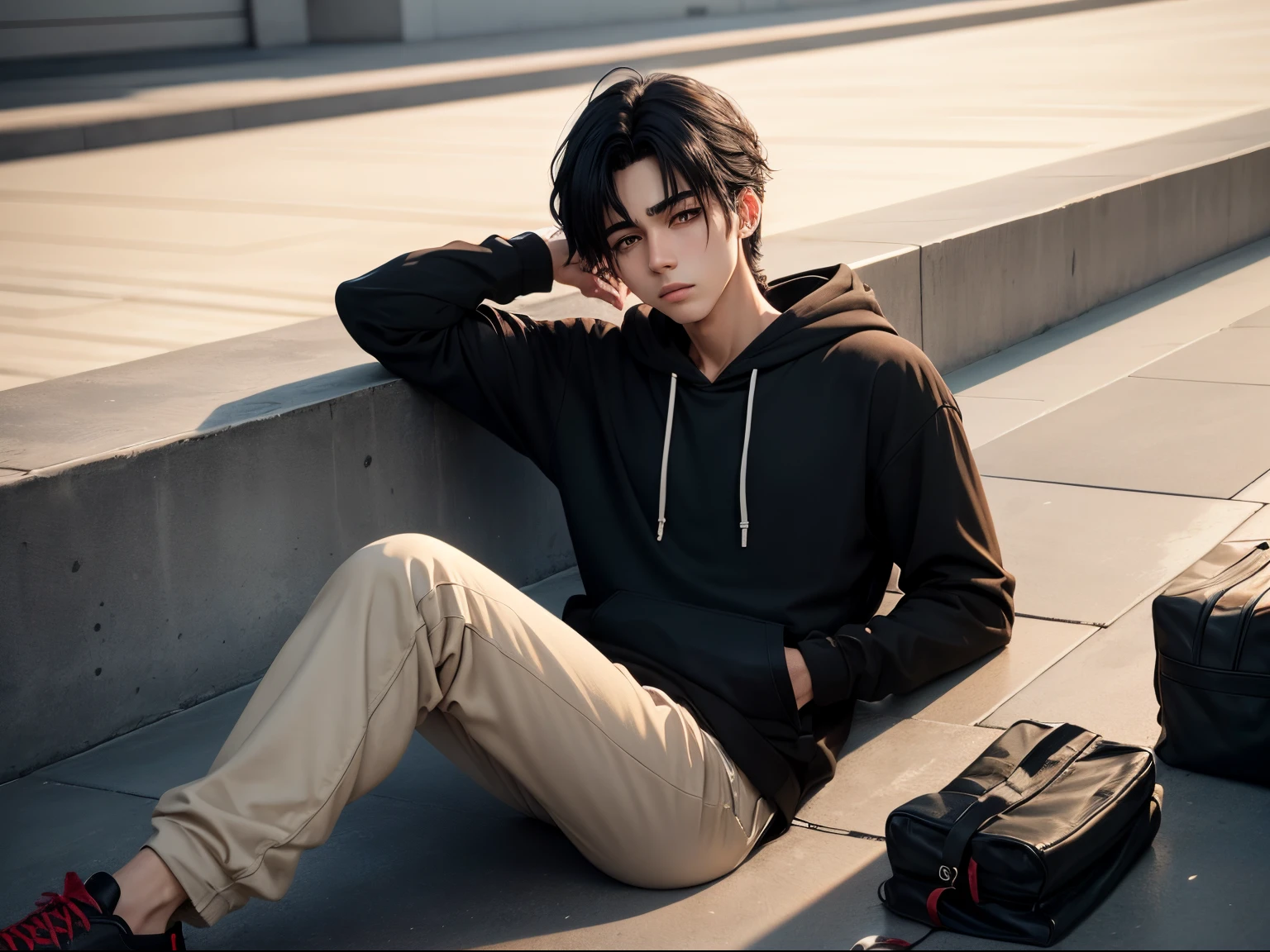 realistic, 8k image of a 20 years old boy, medium size straight black hair, confused, dressed in a casual black hoodie and beige pants, lying on the ground behind pool, morning lighting , anime style art