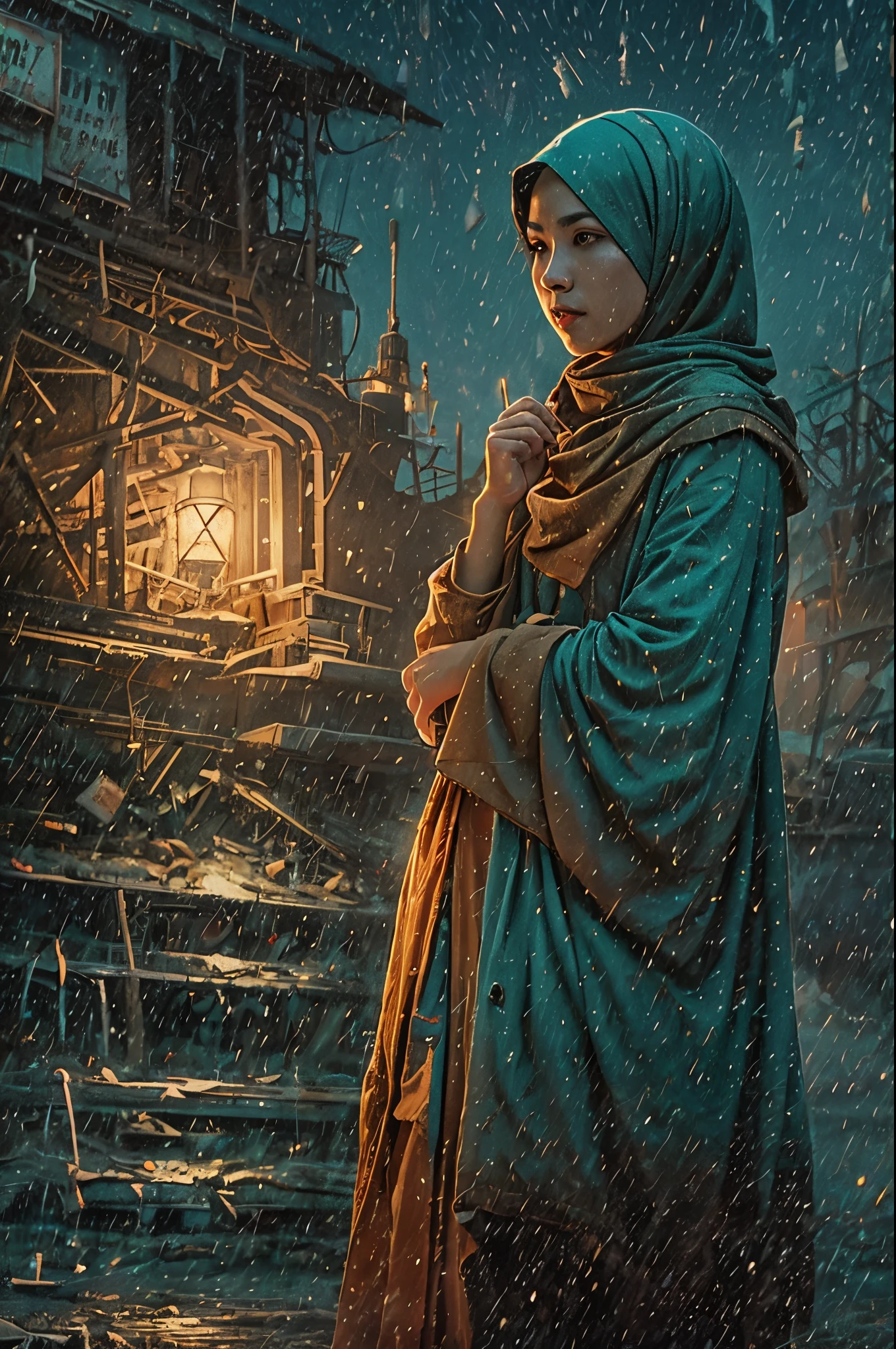 a matured malay woman in the style of nocturne, wearing hijab, dreamy atmosphere, dark cyan and red, i can't believe how beautiful this is, serene atmosphere, piles/stacks, flickering light, epic realistic, broken old boat in big storm, illustrated by herg, style of tin tin comics, pen and ink,art by greg rutkowski and artgerm, soft cinematic light, (depth of field:1.4), faded, (neutral colors:1.2), (muted colors:1.2), (artstation:1.4), cinematic, warm lights, dramatic light, complex background, (rutkowski:0.66), (teal and orange:0.4), hdr, (intricate details, hyperdetailed:1.15) (skin texture:1.2), 35mm lens, Extreme close-up, pastel color grading, depth of field cinematography effect, film noir genre, 8k resolution, high quality, ultra detail