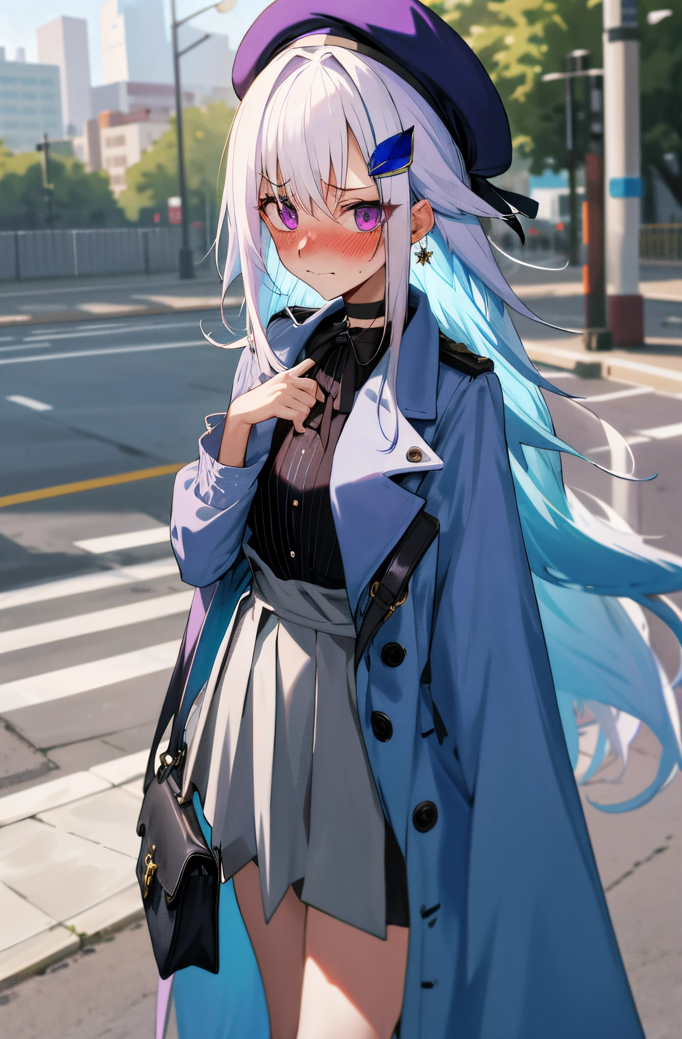 One girl with long hair, white hair, blue inner hair, purple eyes, looking at viewer, blushing, embarrassed, (embarrassed:1.2), long coat, sweaters, mini skirt, beret, bag, outdoor, road, earring, slim, dizzy, choker, mid-chest, wide hips, perfect waist, morning atmosphere, hair ornament, standing, upper body