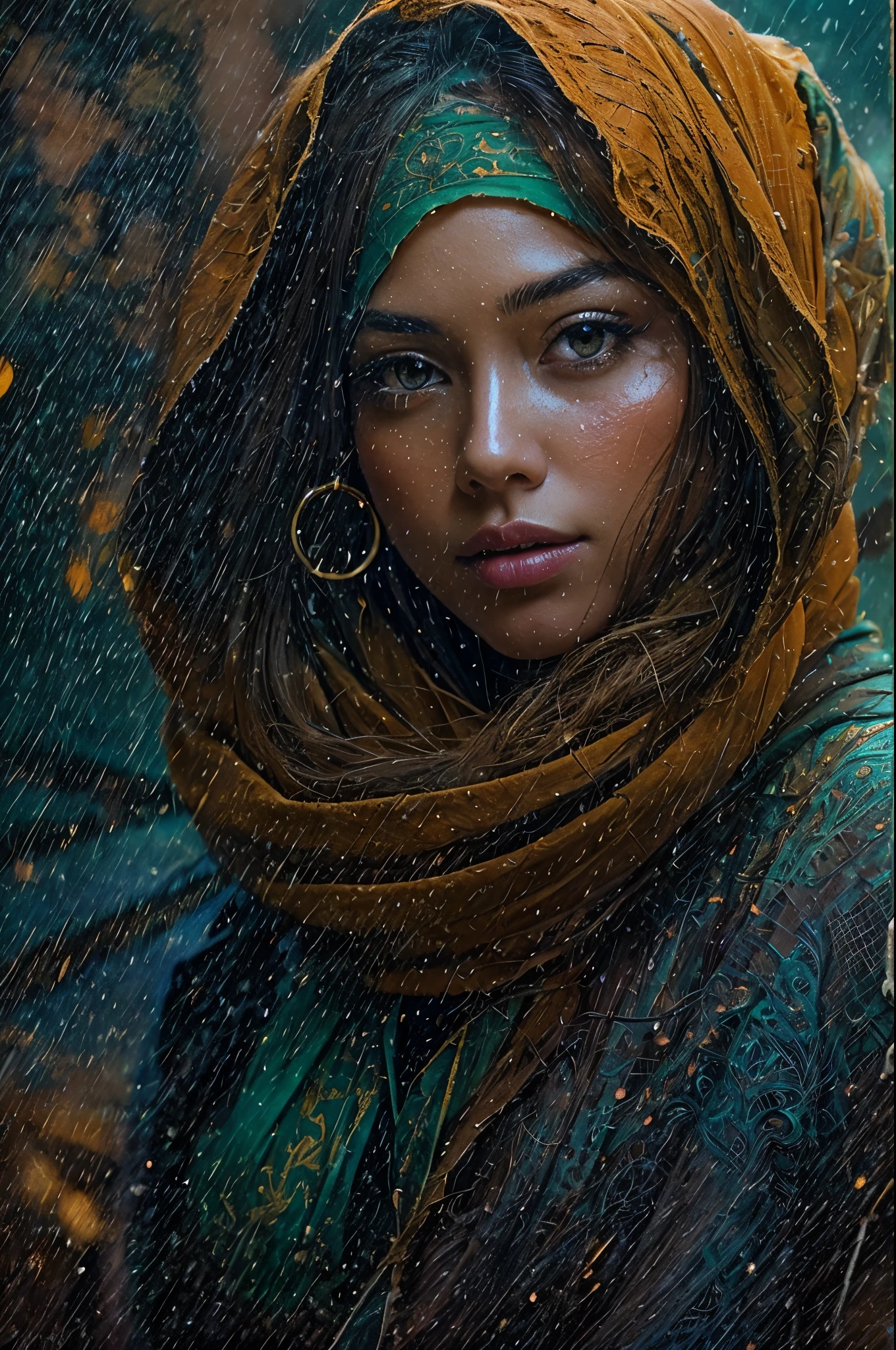 a matured malay woman in the style of nocturne, wearing hijab, dreamy atmosphere, dark cyan and red, i can't believe how beautiful this is, serene atmosphere, piles/stacks, flickering light, epic realistic, broken old boat in big storm, illustrated by herg, style of tin tin comics, pen and ink,art by greg rutkowski and artgerm, soft cinematic light, (depth of field:1.4), faded, (neutral colors:1.2), (muted colors:1.2), (artstation:1.4), cinematic, warm lights, dramatic light, complex background, (rutkowski:0.66), (teal and orange:0.4), hdr, (intricate details, hyperdetailed:1.15) (skin texture:1.2), 35mm lens, Extreme close-up, pastel color grading, depth of field cinematography effect, film noir genre, 8k resolution, high quality, ultra detail