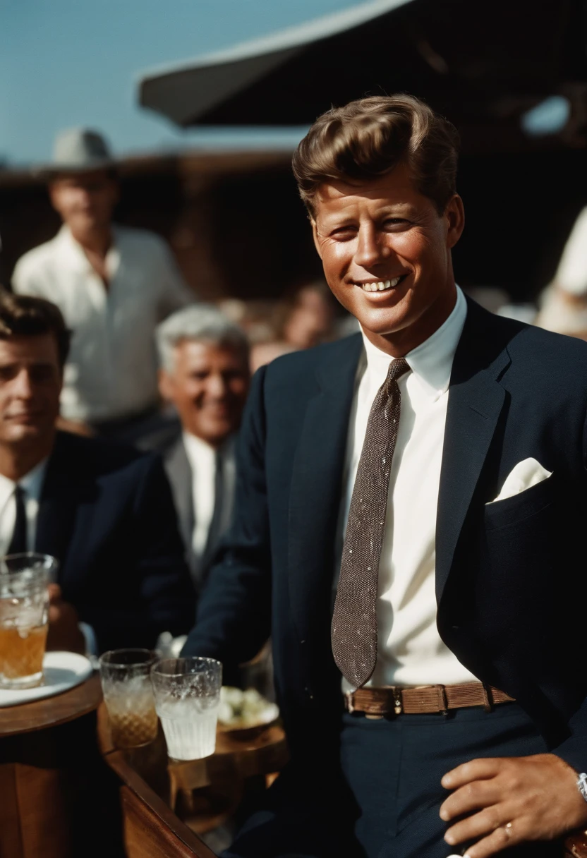 A photo of Kennedy enjoying a midday cocktail at a rooftop bar,original,John F. Kennedy, the 35th President of the United States, was renowned for his handsome, charismatic appearance, with his wavy hair, engaging smile, and a sense of style that exuded confidence and charm. His tailored suits and poised demeanor contributed to a public image of youthful vigor and sophistication., male