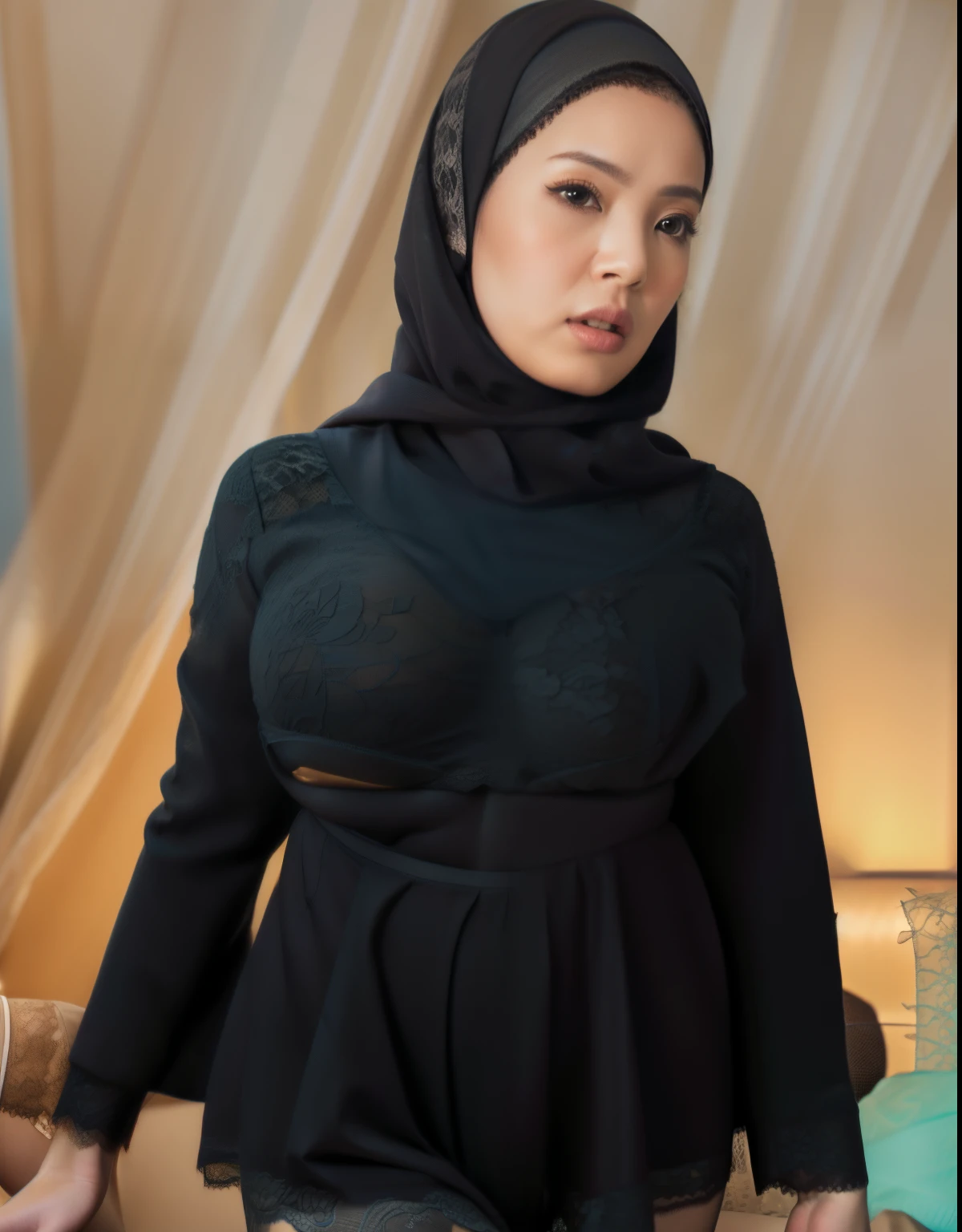 malay girl wearing hijab,, beautifull hand, perfect hand, realistic hand,, 48 Years Old beautiful woman. ((lace bra and panties)),(bigger boobs),((look front at the camera))., Emphasize ass, biggerchest, big Nipple, de pele branca, bigger breasts thin waist, mexico-style street, Hyper-Realism, Cinematic lighting, depth of fields, From below, vanishing point, F/2.8, Anatomically correct, Textured skin, Super Detail, awardwinning, Best Quality, hight resolution, wearing pastel blue underwear, bra and panties only, hospital ward background, spread leg open, RAW photo, best quality, masterpiece, high detail RAW color photo, malay girl, professional photograph, (realistic, photorealistic:1.37), (high detailed skin:1.2), high resolution, beautiful detailed eyes, dramatic lighting, cinematic lighting, back light, professional lighting, detailed skin texture, insane details, intricate details, accent lighting, soft volumetric light, bokeh, (dramatic light:1.2), (neutral colors:1.3), cross process,
