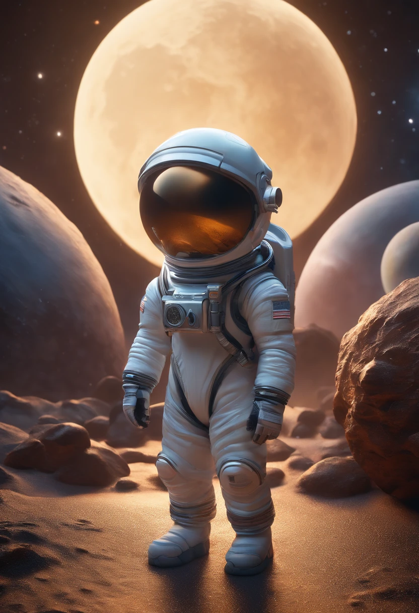a mini astronaut in chibi model, wearing a space suit, in the style of photorealistic surrealism, abstract colorist sculptor, poured, fluid and loose, sci-fi influenced, sculpted Cartoon icon art, 3D pixar style drawing, a planet in space, isolated, exploring the moon in the background many planets and stars, cinematic light, photorealistic scenes, anime art, epic,  RTX ON, DAZ3D, Digital Arts Techniques, Animated Illustrations