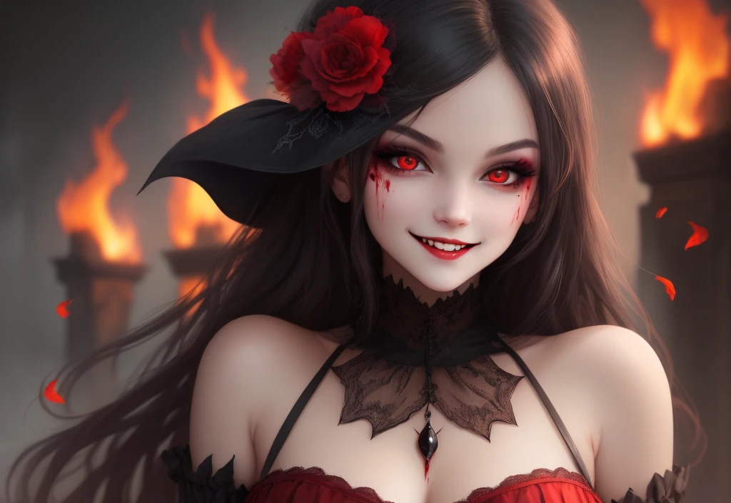 Vampire Girl, Dangerous beauty, red fire in the eyes, A frightening smile, Stares intently, desire to possess, black, blood red, hiquality, Detailed study, tmasterpiece