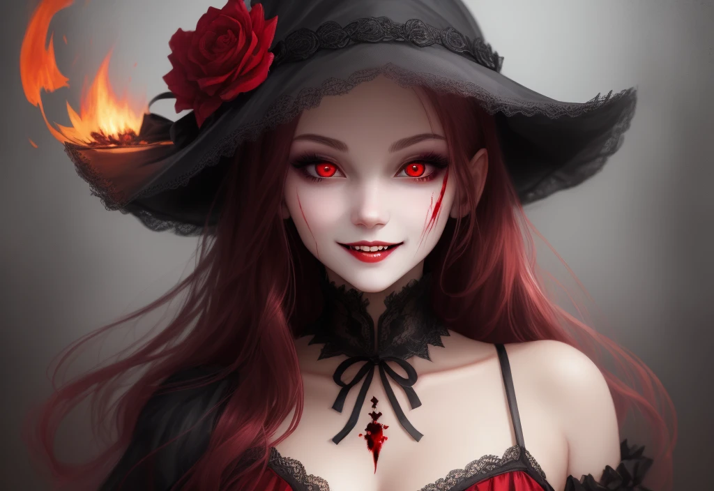 Vampire Girl, Dangerous beauty, red fire in the eyes, A frightening smile, Stares intently, desire to possess, black, blood red, hiquality, Detailed study, tmasterpiece