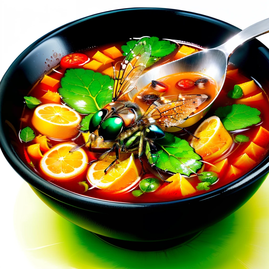A fly eating soup