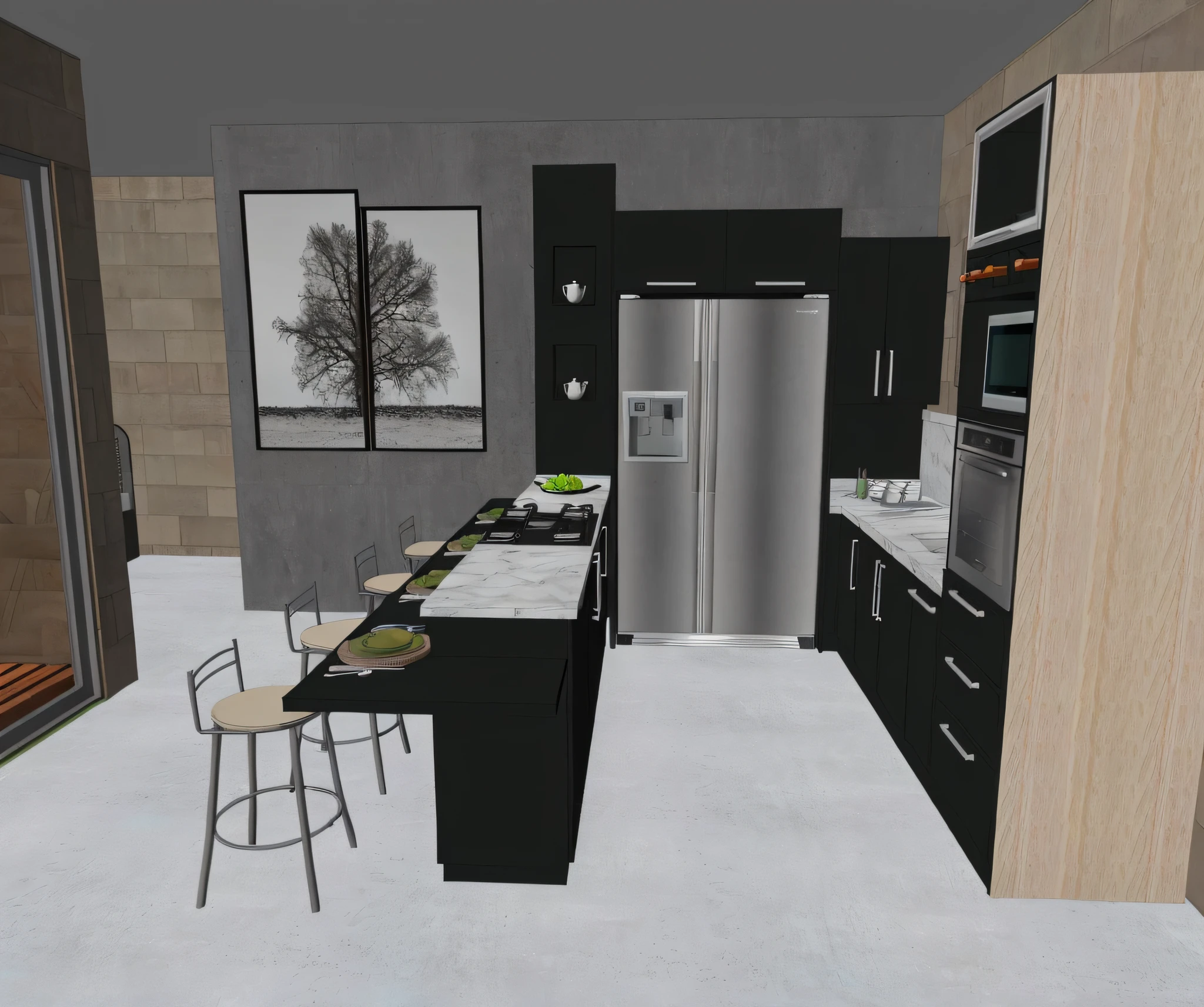 vista para uma cozinha com geladeira, afundar, stove and a counter, 3D-rendering, 3D rendering, 3 d renders, 3D-rendering, 3D-rendering, a 3D render, 3D rendering!, 3D-rendering!, Stuning 3 D render, 3Dized Rendering, 3Dized Rendering, cozinha escura, crisp detailed 3 d render. ultra realistic rendering