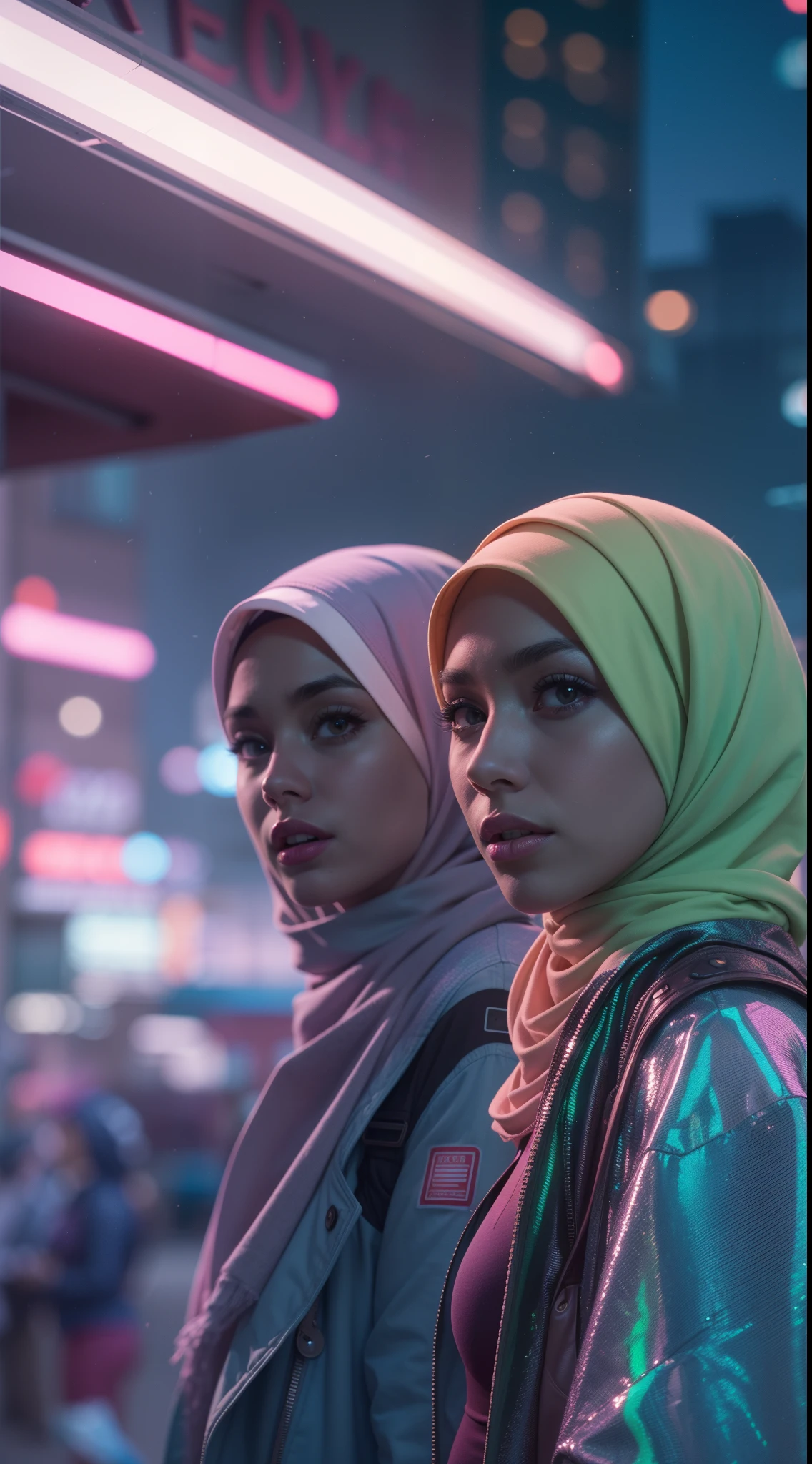 Craft a scene of two best friends exploring a futuristic cityscape together, their hijabs glowing with embedded tech, surrounded by holographic signs and flying vehicles, 35mm lens, Extreme close-up, pastel color grading, depth of field cinematography effect, film noir style, 8k resolution, high quality, ultra detail