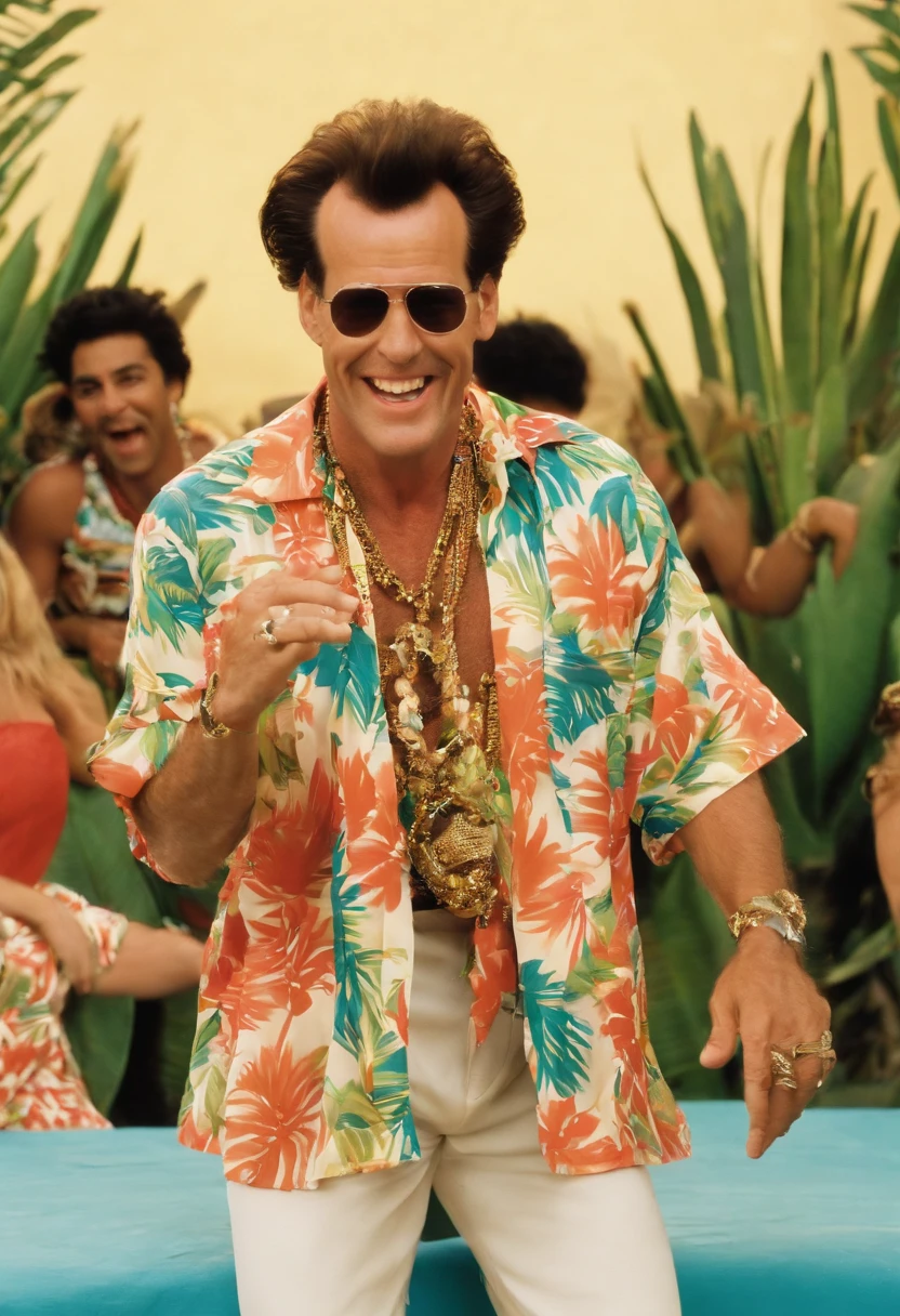 A video of Ace Ventura leading a group of parrots in a synchronized dance routine,Ace Ventura: Pet Detective,Appearance-wise, Ace Ventura is instantly recognizable by his wild, styled hair and colorful Hawaiian shirts, often paired with striped trousers and heavy boots. His expressive facial features, highlighted by his wide grin and animated gestures, add to his quirky persona. Overall, Ventura’s appearance and mannerisms are as unconventional and distinctive as his detective methods., male