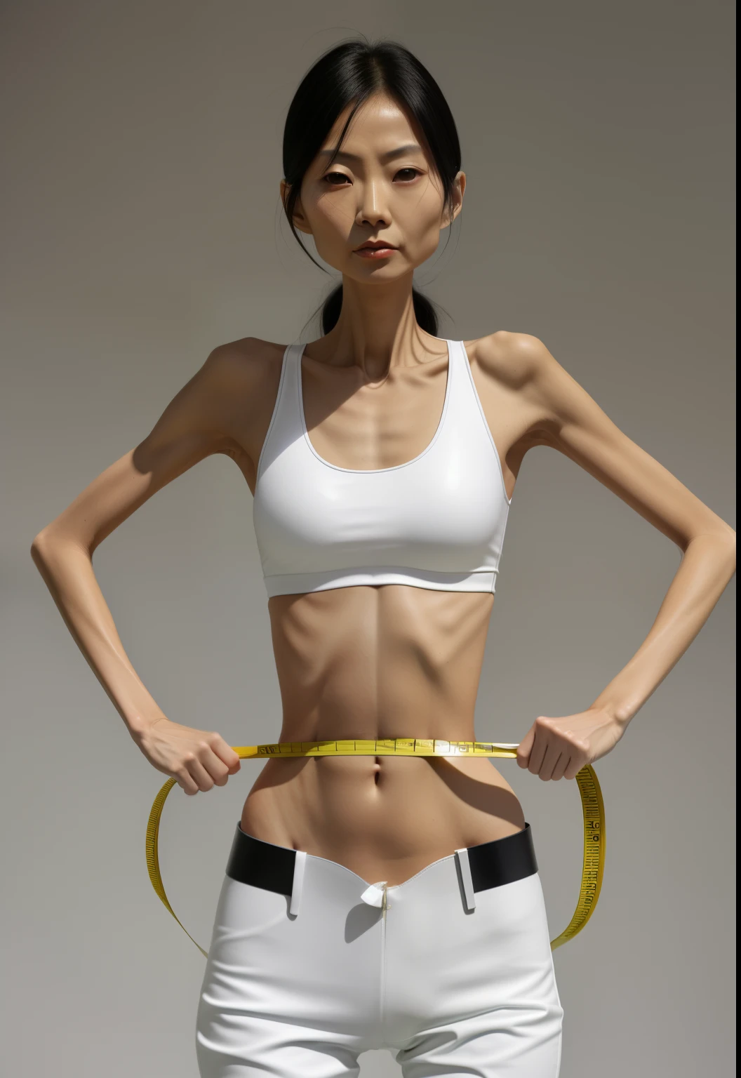 very thin woman,The body is very thin,Protruding sternum,The waist is very thin,The ribs are noticeable,Protruding ribs,The pelvic protrusion is very obvious,Pelvic width,Legs are just skin and bones,thin shoulde,The waist is very thin,Sunken abdomen,Delicate arms,arm muscle atrophy,hunger,The lower abdomen is depressed,Asia face,The waist is particularly thin,grieves,weeping,Excessive weight loss,The face is sunken and thin,Measure waist circumference,Severe malnutrition,hunger,thin shoulde,Wear tight leather pants,Gender characteristics are obvious,The labia are pronounced,wearing bodysuit