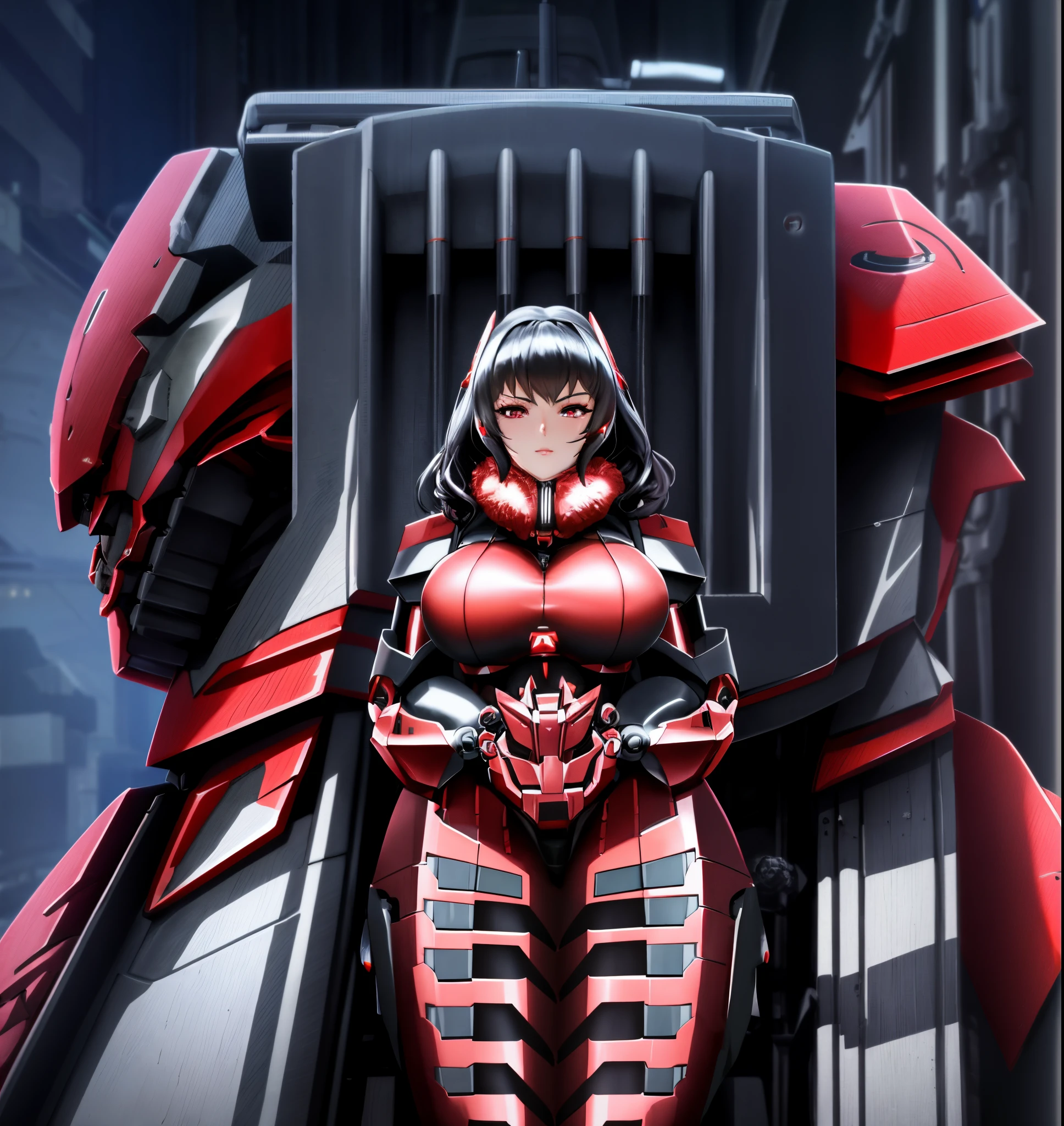 a close up of a woman in a red and black outfit holding a large robot, biomechanical oppai, girl in mecha cyber armor, cyberpunk anime girl mech, best anime 4k konachan wallpaper, mechanized valkyrie girl, 3 d render character art 8 k, gynoid cyborg body, anime robotic mixed with organic, gynoid body