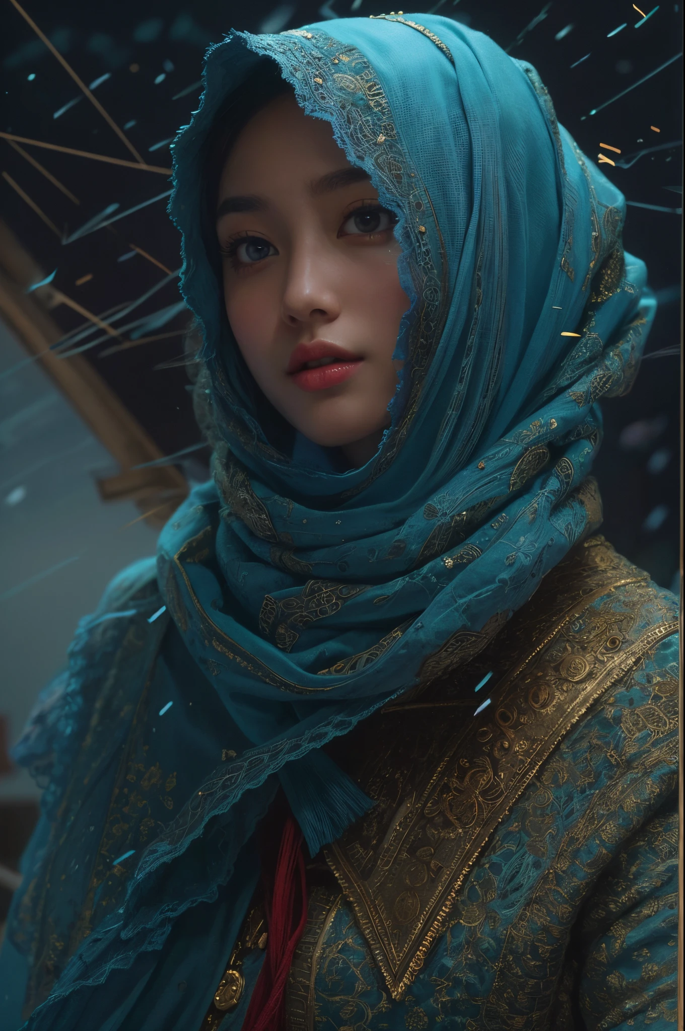 a matured malay woman in the style of nocturne, wearing hijab, dreamy atmosphere, dark cyan and red, i can't believe how beautiful this is, serene atmosphere, piles/stacks, flickering light, epic realistic, broken old boat in big storm, illustrated by herg, style of tin tin comics, pen and ink,art by greg rutkowski and artgerm, soft cinematic light, (depth of field:1.4), faded, (neutral colors:1.2), (muted colors:1.2), (artstation:1.4), cinematic, warm lights, dramatic light, complex background, (rutkowski:0.66), (teal and orange:0.4), hdr, (intricate details, hyperdetailed:1.15) (skin texture:1.2), 35mm lens, Extreme close-up, pastel color grading, depth of field cinematography effect, film noir genre, 8k resolution, high quality, ultra detail