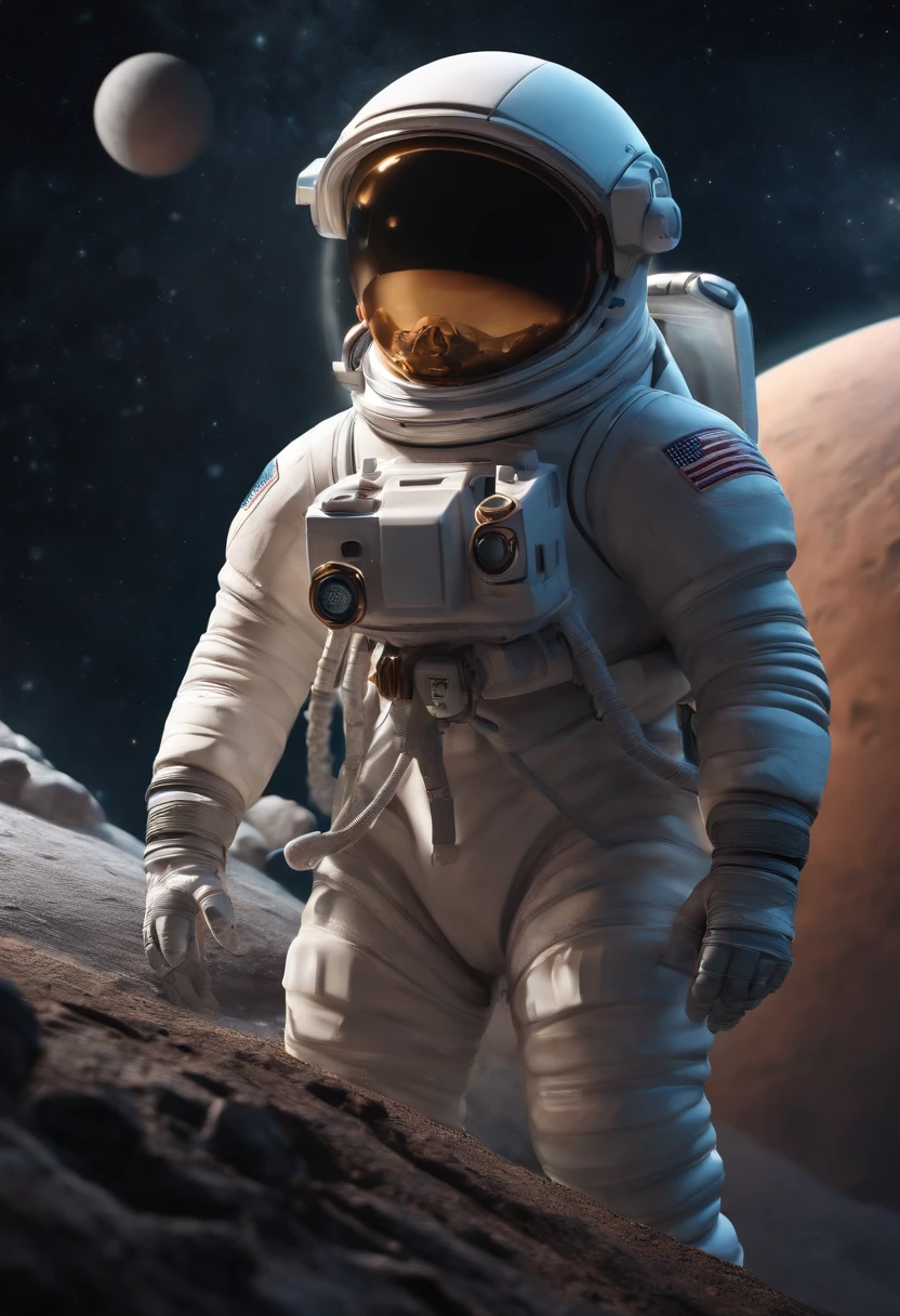 a mini astronaut in chibi model, wearing a space suit, in the style of photorealistic surrealism, abstract colorist sculptor, poured, fluid and loose, sci-fi influenced, sculpted Cartoon icon art, 3D pixar style drawing, a planet in space, isolated, exploring the moon in the background many planets and stars, cinematic light, photorealistic scenes, anime art, epic,  RTX ON, DAZ3D, Digital Arts Techniques, Animated Illustrations