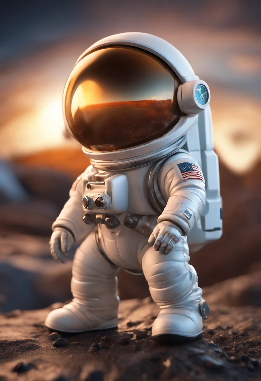 a mini astronaut in chibi model, wearing a space suit, in the style of photorealistic surrealism, abstract colorist sculptor, poured, fluid and loose, sci-fi influenced, sculpted Cartoon icon art, 3D pixar style drawing, a planet in space, isolated, exploring the moon in the background many planets and stars, cinematic light, photorealistic scenes, anime art, epic,  RTX ON, DAZ3D, Digital Arts Techniques, Animated Illustrations