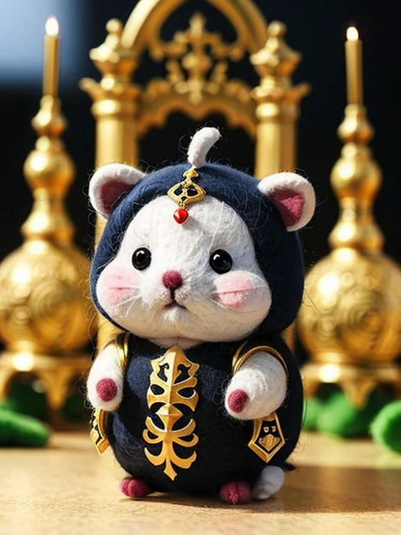 a cute hamster with medieval armor, inside a castle for background, blurry background, Wool felt, chibi, masterpiece,best quality,