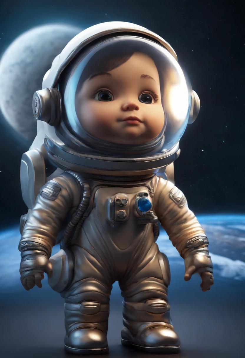 a mini astronaut in chibi model, wearing a space suit, in the style of photorealistic surrealism, abstract colorist sculptor, poured, fluid and loose, sci-fi influenced, sculpted Cartoon icon art, 3D pixar style drawing, a planet in space, isolated, exploring the moon in the background many planets and stars, cinematic light, photorealistic scenes, anime art, epic, RTX ON, DAZ3D, Digital Arts Techniques, Animated Illustrations