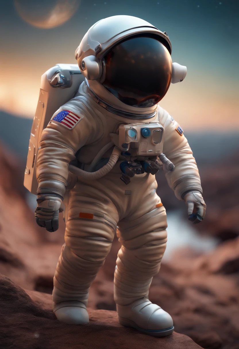 a mini astronaut in chibi model, wearing a space suit, in the style of photorealistic surrealism, abstract colorist sculptor, poured, fluid and loose, sci-fi influenced, sculpted Cartoon icon art, 3D pixar style drawing, a planet in space, isolated, exploring the moon in the background many planets and stars, cinematic light, photorealistic scenes, anime art, epic, RTX ON, DAZ3D, Digital Arts Techniques, Animated Illustrations