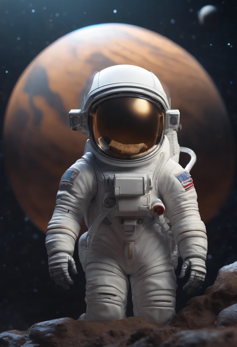 a mini astronaut in chibi model, wearing a space suit, in the style of photorealistic surrealism, abstract colorist sculptor, poured, fluid and loose, sci-fi influenced, sculpted Cartoon icon art, 3D pixar style drawing, a planet in space, isolated, exploring the moon in the background many planets and stars, cinematic light, photorealistic scenes, anime art, epic, RTX ON, DAZ3D, Digital Arts Techniques, Animated Illustrations