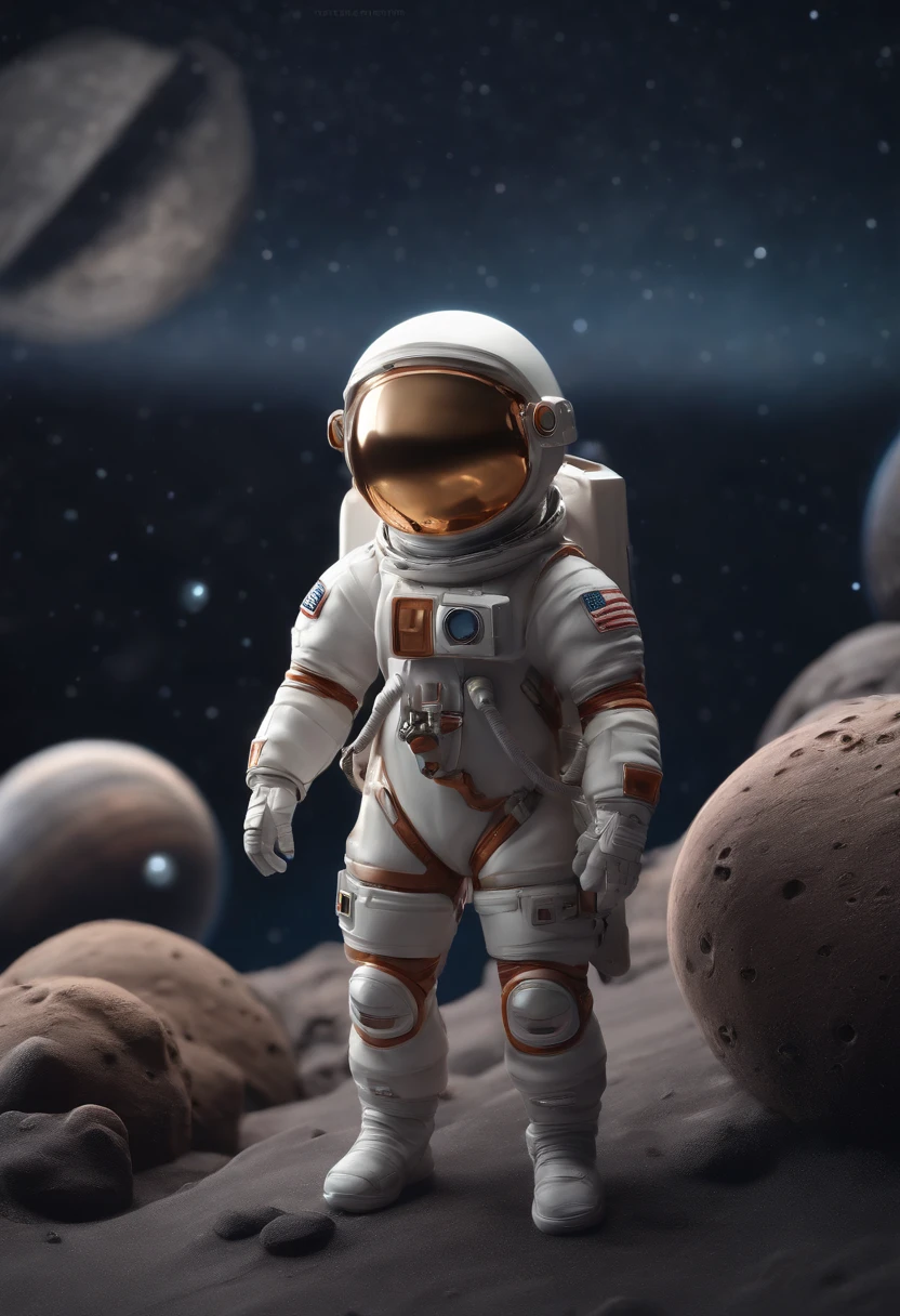 a mini astronaut in chibi model, wearing a space suit, in the style of photorealistic surrealism, abstract colorist sculptor, poured, fluid and loose, sci-fi influenced, sculpted Cartoon icon art, 3D pixar style drawing, a planet in space, isolated, exploring the moon in the background many planets and stars, cinematic light, photorealistic scenes, anime art, epic, RTX ON, DAZ3D, Digital Arts Techniques, Animated Illustrations