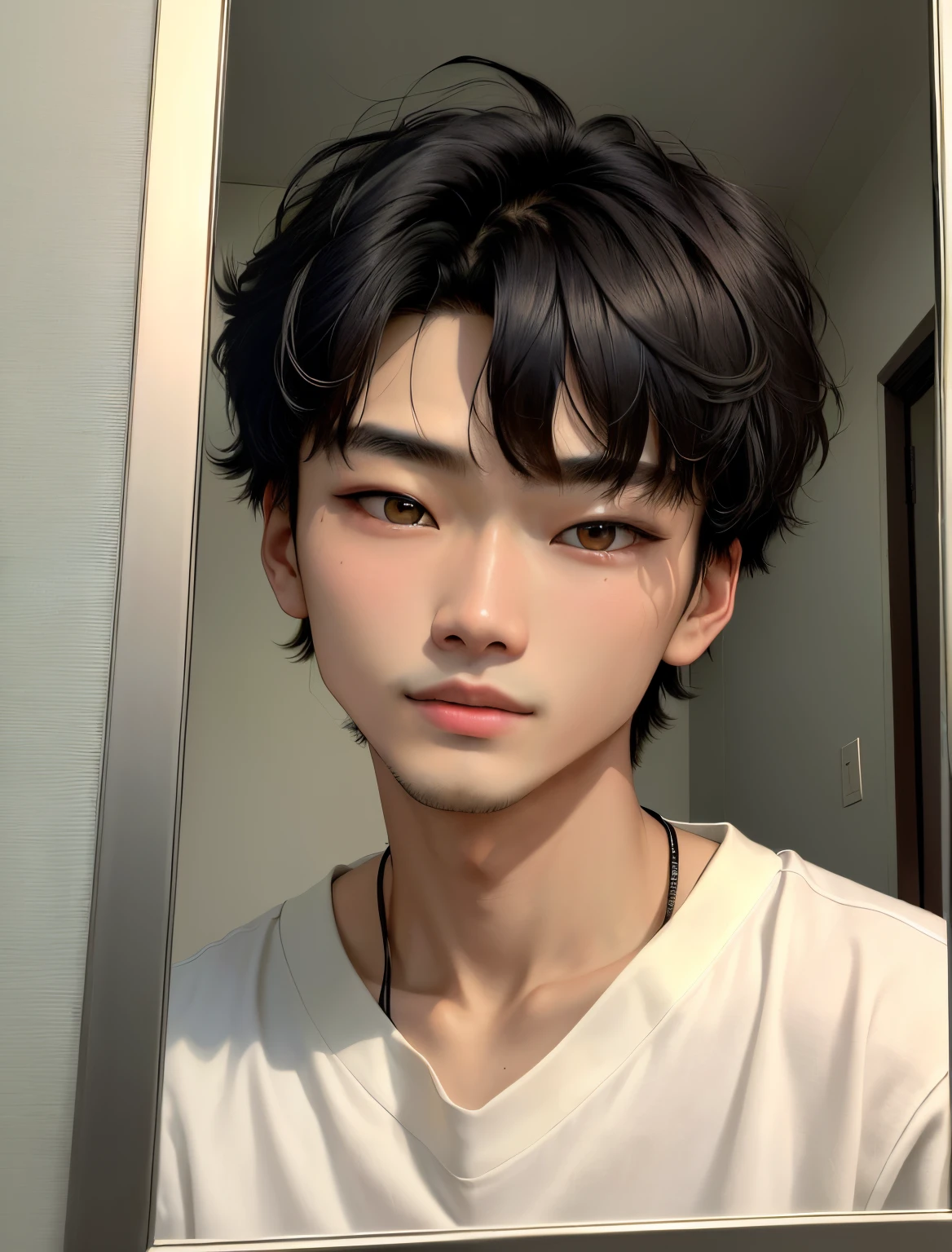 There is a man who is looking at something in the mirror, Retrato de Lofi en una ventana, Hwang HyunJin 23 years old - young old thin face, Yanjun Chengt, Cai Xukun, low quality photograph, Chico cara delgada, 8k selfie photograph, imagen de muy muy muy baja calidad, Minchen Shen, Cerrar Potrait