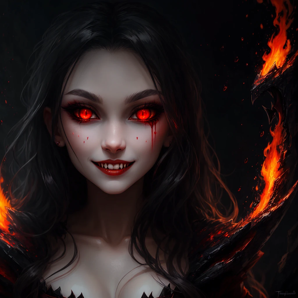 Vampire Girl, Dangerous beauty, fangs, red fire in the eyes, Intimidating Smile, Looks intently, desire to possess, black, Blood-red, hiquality, Detailed study, tmasterpiece