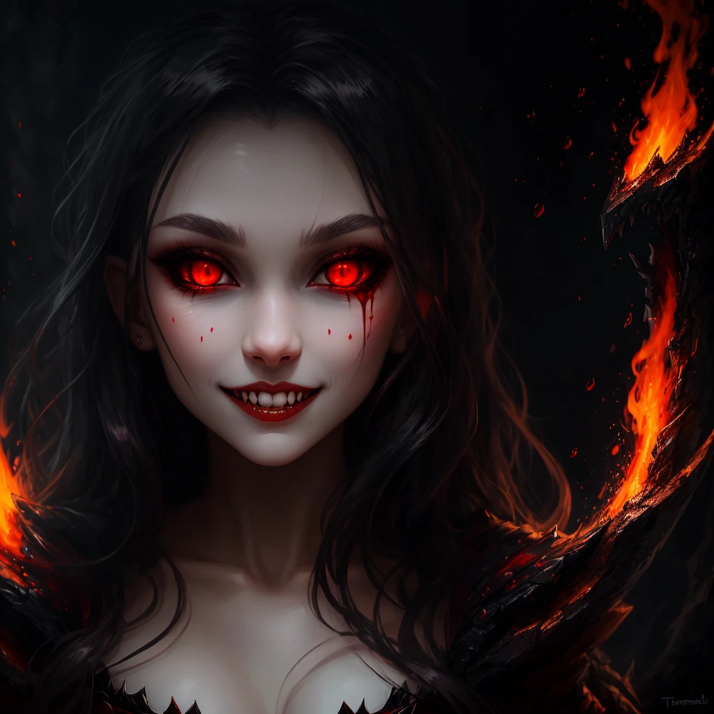 Vampire Girl, Dangerous beauty, fangs, red fire in the eyes, Intimidating Smile, Looks intently, desire to possess, black, Blood-red, hiquality, Detailed study, tmasterpiece