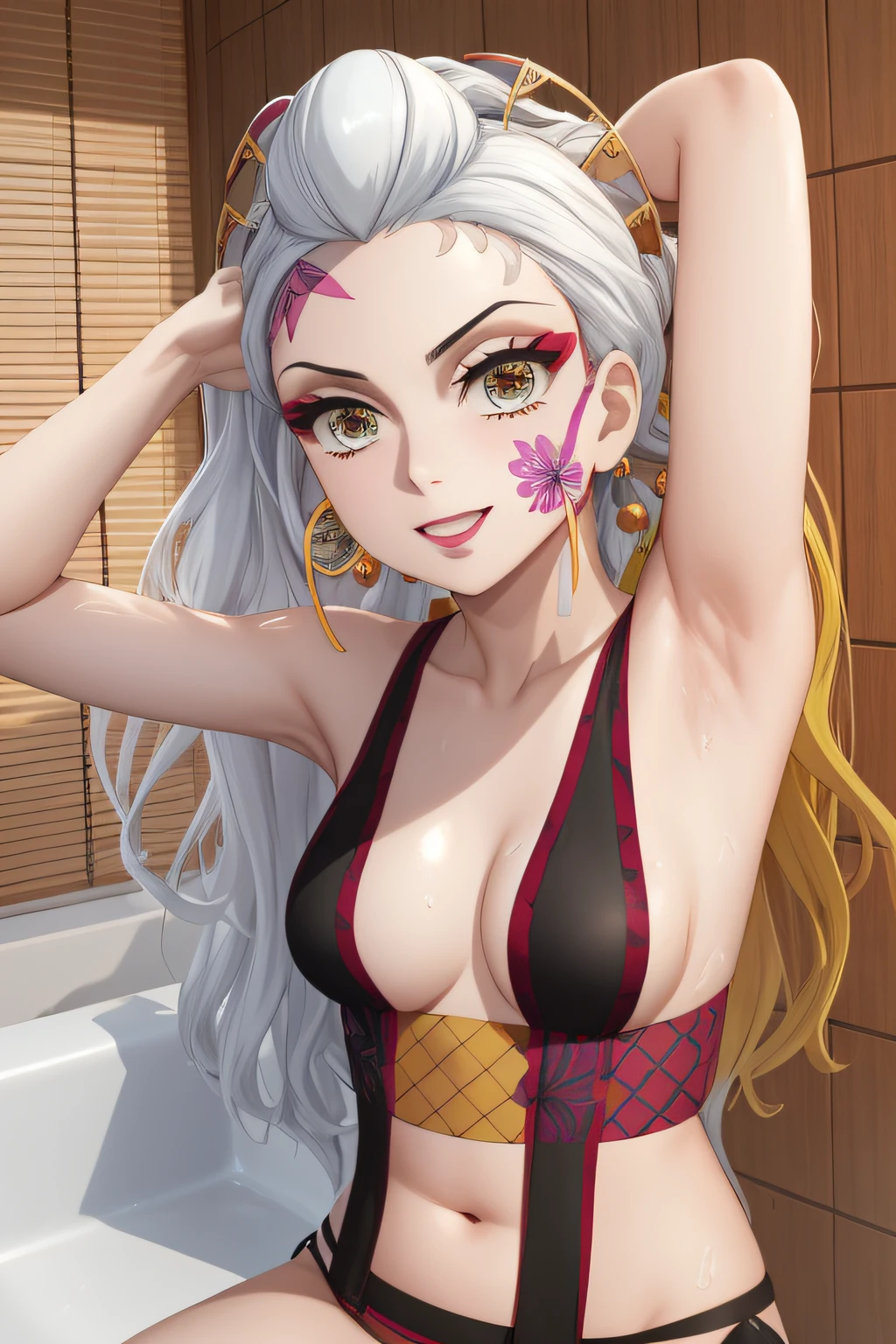 Obra maestra, La mejor calidad, Altas Resoluciones, daki-def, daki-blanco, 1girl, solamente, Cabello largo, senos, Mirando al espectador, They are smiling, adorno para el cabello, muslosaltos, ombligo, escote, senos medianos, Pelo muy largo, boca cerrada, cana, cabello multicolor, marca facial, Palillo para el cabello, (piel agrietada:1.4), ojos-daki, bathing bathroom, desnudo, breasts, armpits, belly, nipples, night, bed, house