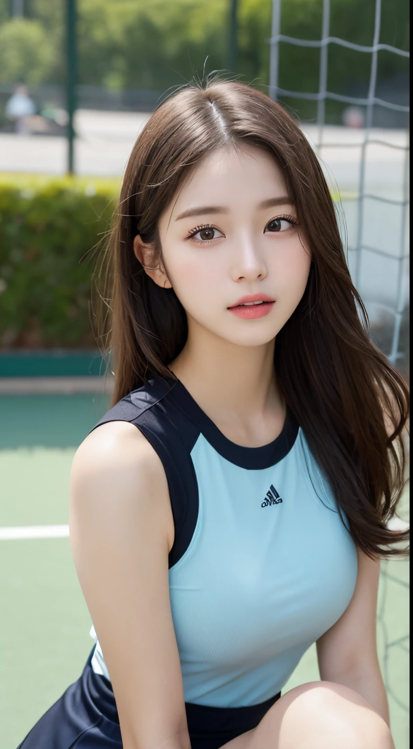 (8k、top-quality、masterpiece:1.2)、(realisitic、Photorealsitic:1.37)、ultra-detailliert、top-quality、超A high resolution、professionally lit、Photon Mapping、Radio City、physically-based renderingt、Cinematic Lighting、Basketball court,depth of fields,Focusing,Sun'rays,Good composition,(Bokeh:1.2),女の子1人,(full bodyesbian),(Keep your mouth shut),Beautiful eyes,the pose,Constriction,Basketball Uniforms,A dark-haired,Unkempt hair,long hair flowing with the wind,(ulzzang-6500:1.2) mix4, hiqcgbody,Photo of a Beautiful Korean kpop idol Woman