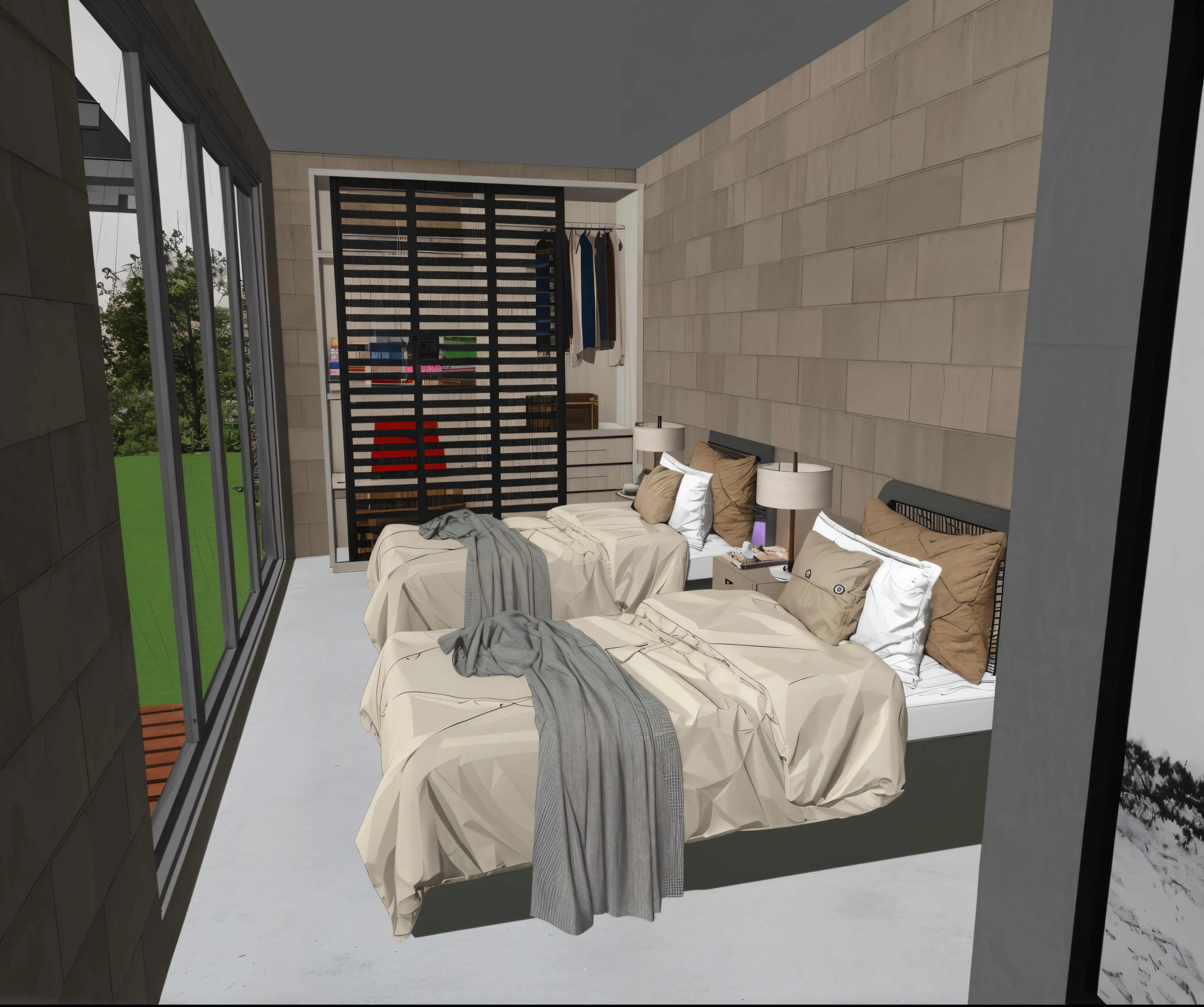 there are two beds in a room overlooking a backyard, dentro de um quarto, 3D-rendering, 3D rendering, quarto de cama, architectural visualisation, enscape render, architectural render, digital render, projeto residencial, interior do quarto, Casa Conceito, 3 d renders, bed on the right, architectural 3 d render, Fotografia da sala 3D do iOS. ultra realistic rendering