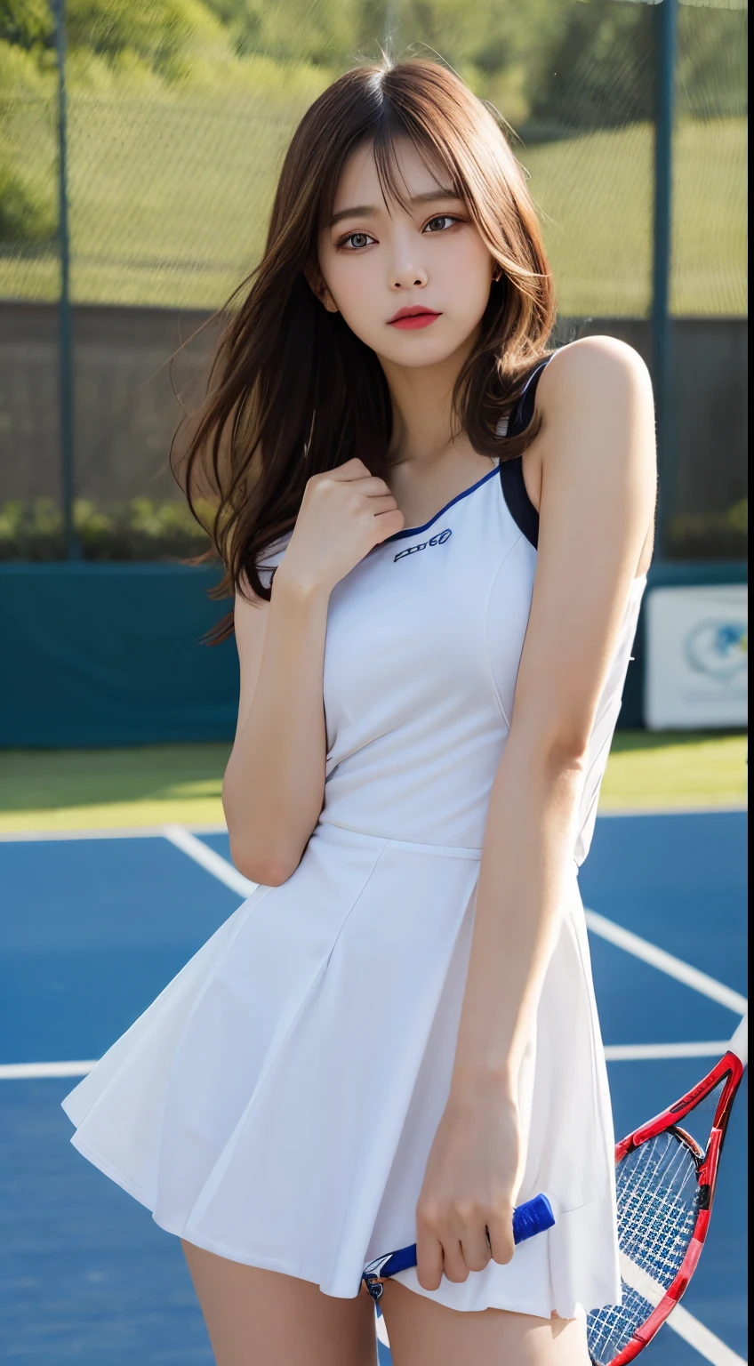 finely detail, hight resolution, hightquality、Perfect dynamic composition, Beautiful eyes, Tennis Wear,sports wear,big breasts,Natural Color Lip,Kamimei、Shibuya、a 18 year old girl、1 persons、Transparent skin、Glowing hair、masutepiece, Best Quality, Illustration, Ultra-detailed, finely detail, hight resolution, 8K、The correct state of the human body、Randomly cute poses,beauty legs,Perfect beautiful face,KPOP Idol Face,Face that feels ecstasy,Background blur,Dress up as a random female model