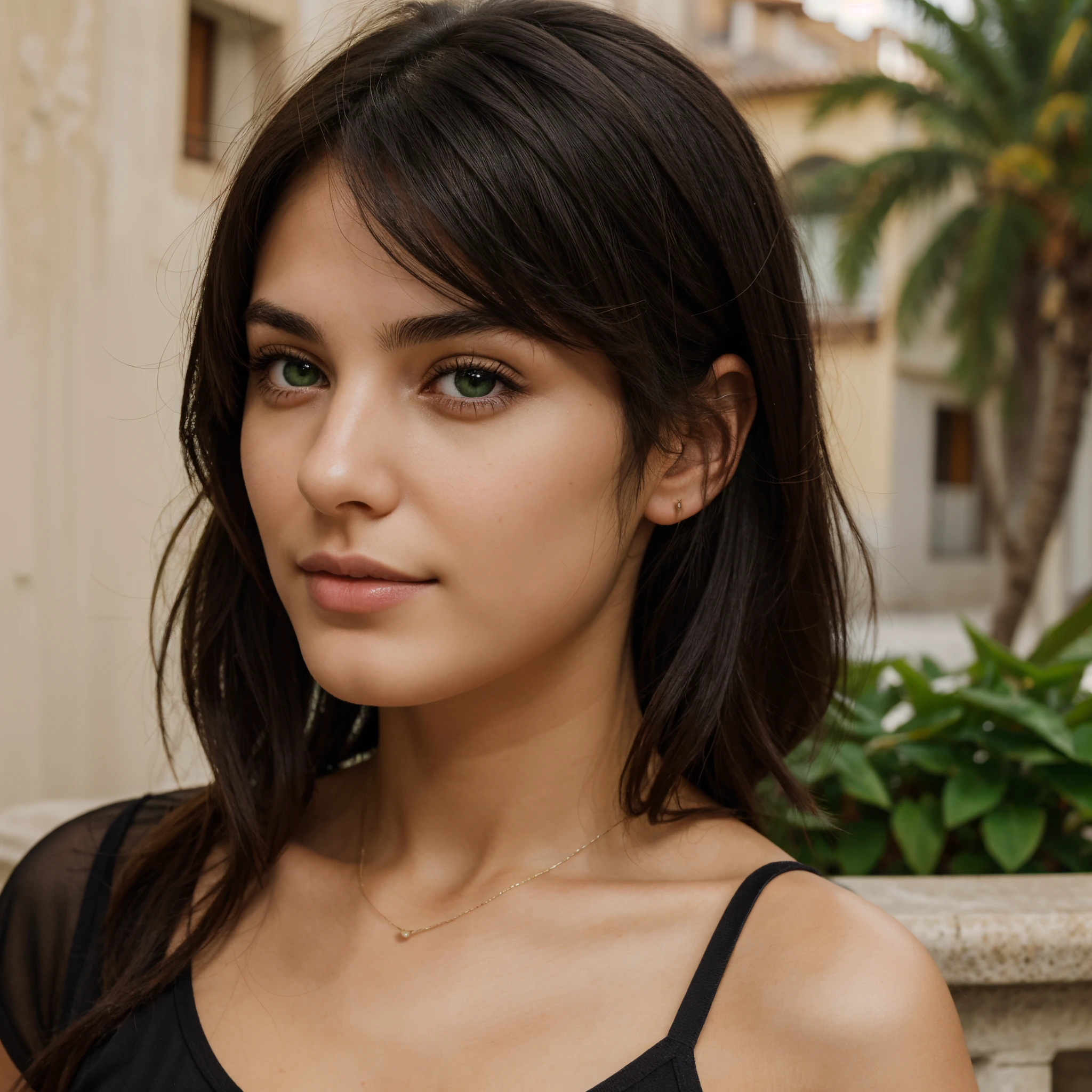 21 yo spanish girl, middle lenght black hair, green eyes, realistic