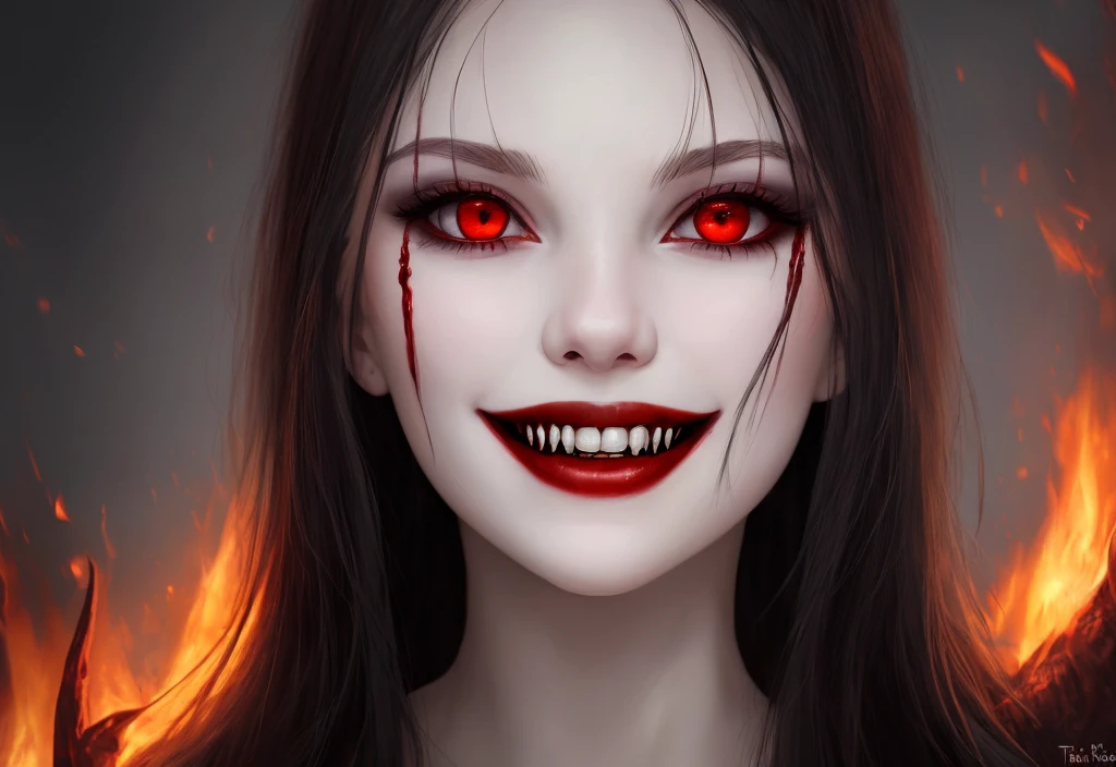 Vampire Girl, Dangerous beauty, pale skin, red fire in the eyes, A frightening smile, fangs, Stares intently, desire to possess, black, blood red, hiquality, Detailed study, tmasterpiece