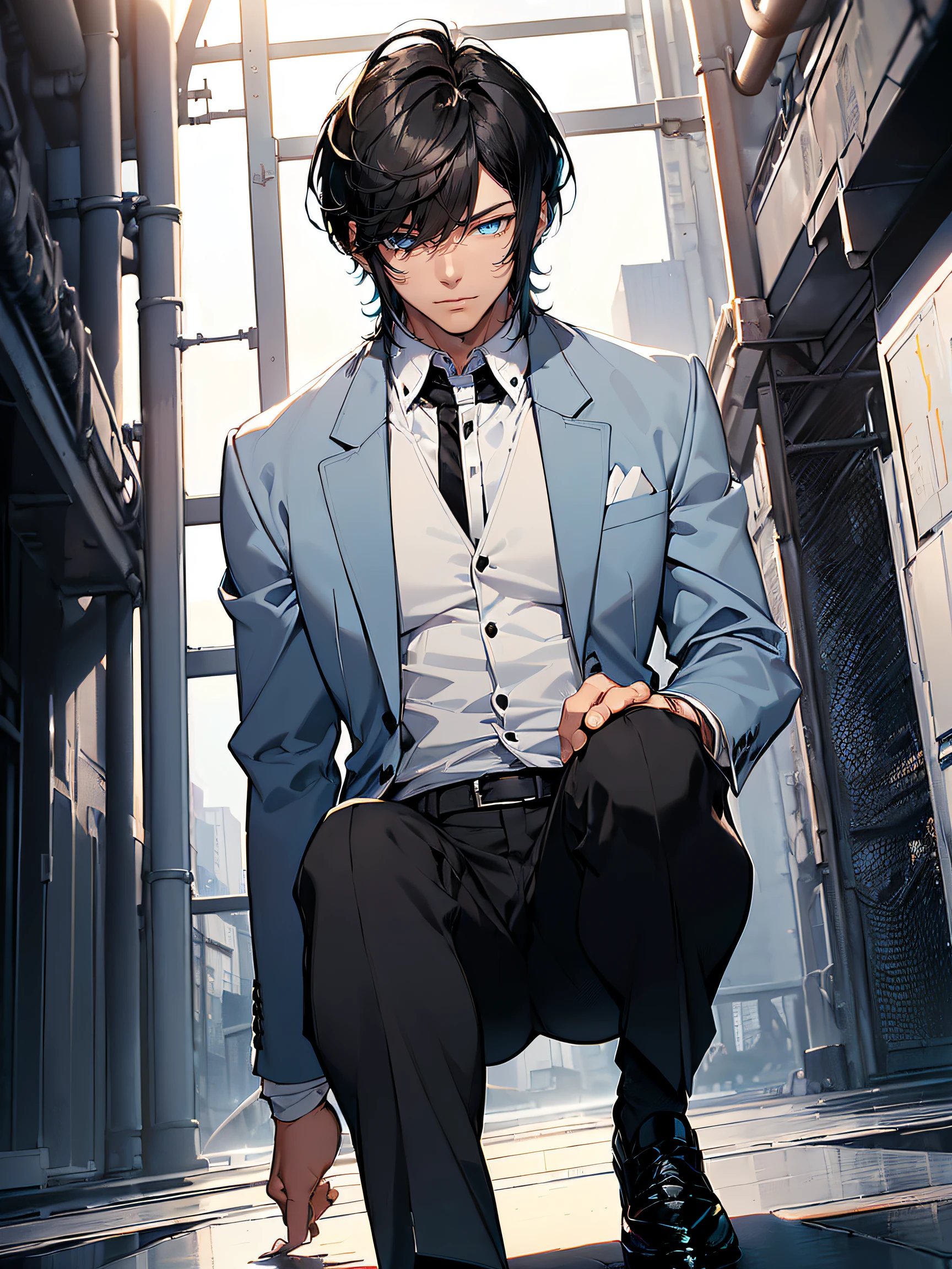 (Handsome boy:1.2), (Black hair with bangs:1.4), ((Blue eyes, bright and attractive):1.5), ((White shirt, Neat and clean):1.2), (Black tie:1.3), (Gray blazer:1.3), (black pants and shoes:1.2)