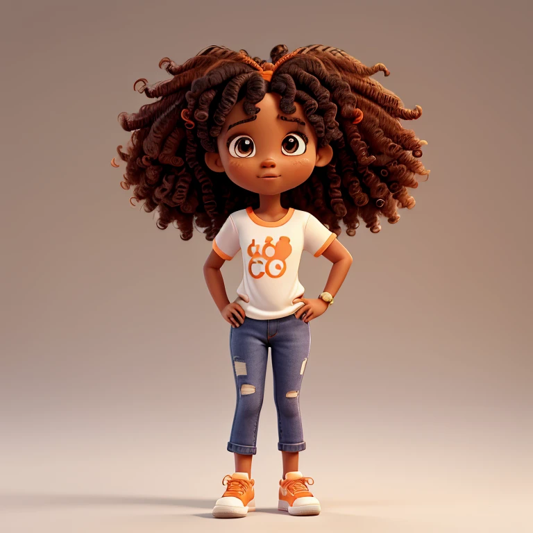 Full figure african american 6 year old girl, children's book illustration style, curly black hair, cute, white background, orange shirt, wearing jean paints, and wearing white tennis shoes, brown eyes, orange hair bow, front view, scared expression, talking in phone.